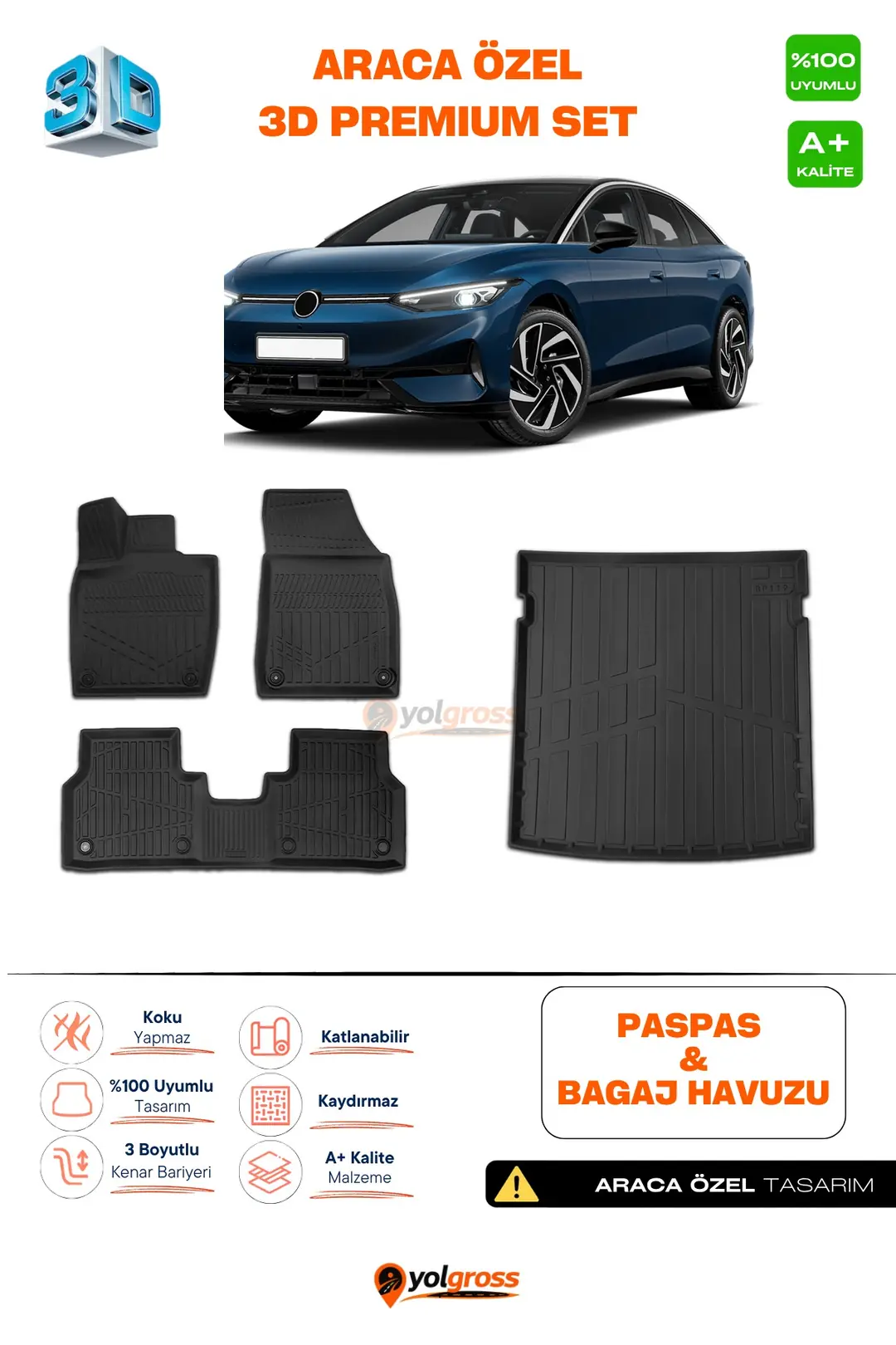 Ürün görseli: VW ID.7 3D Pro Havuzlu Paspas ve Bagaj Havuzu Seti (2'li SET) 2023 Üzeri A+ Kalite