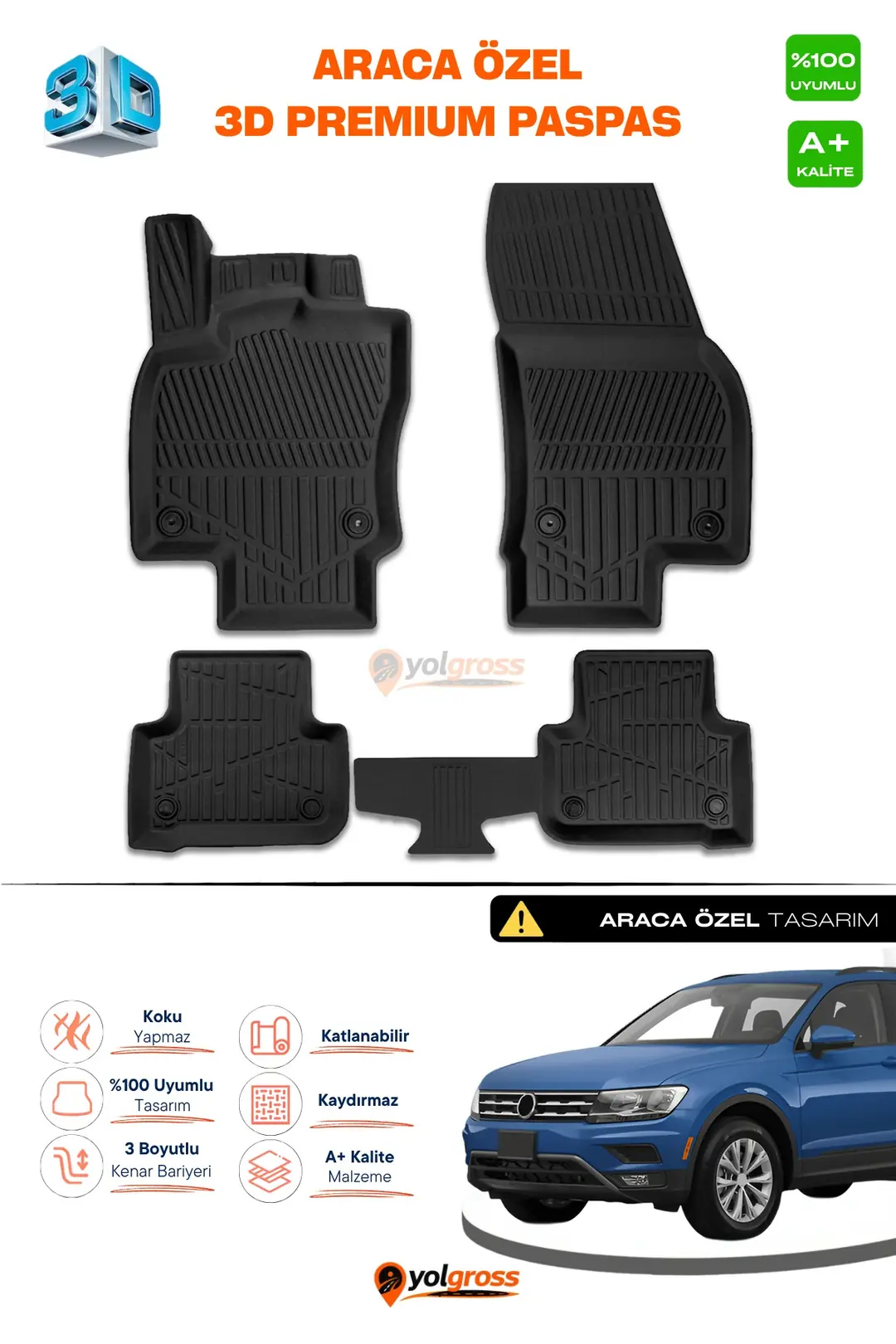 Ürün görseli: VW Tiguan 3D Pro Havuzlu Paspas 2016-2023 A+ Kalite