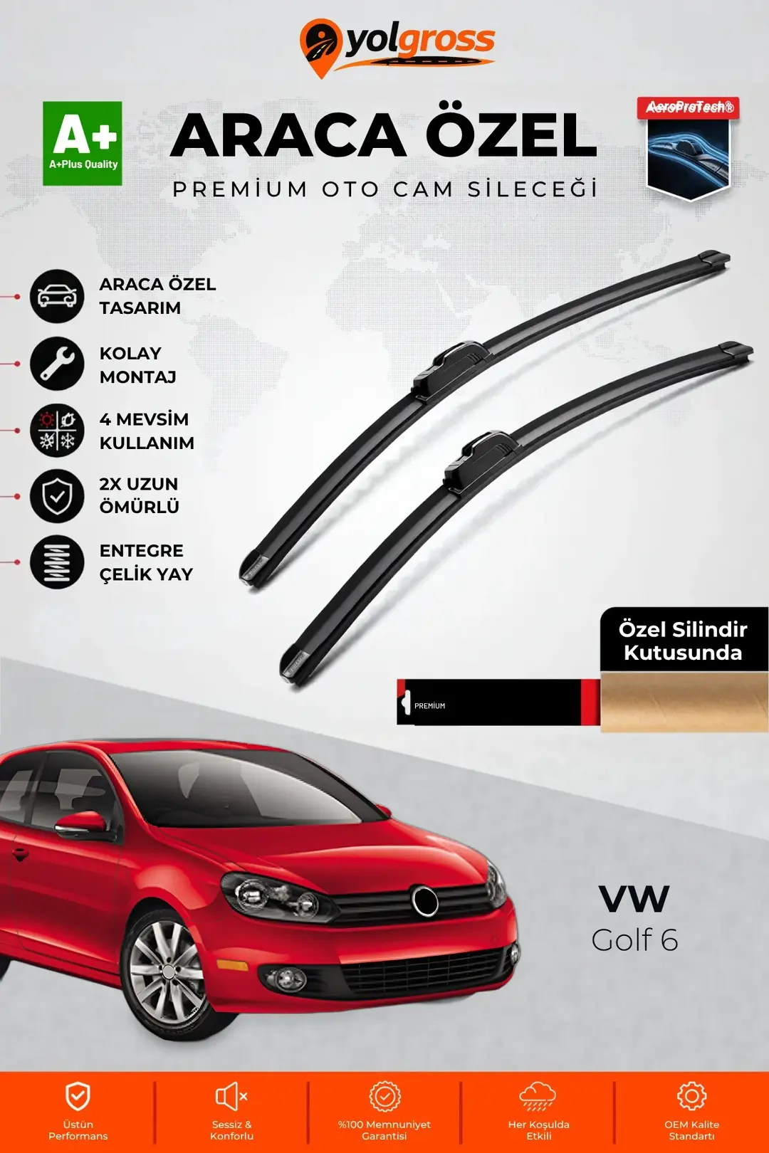 Ürün görseli: VW Golf 6 Ön Cam Silecek Seti 2008-2012 Premium Araca Özel 60-48 Cm A+ Kalite