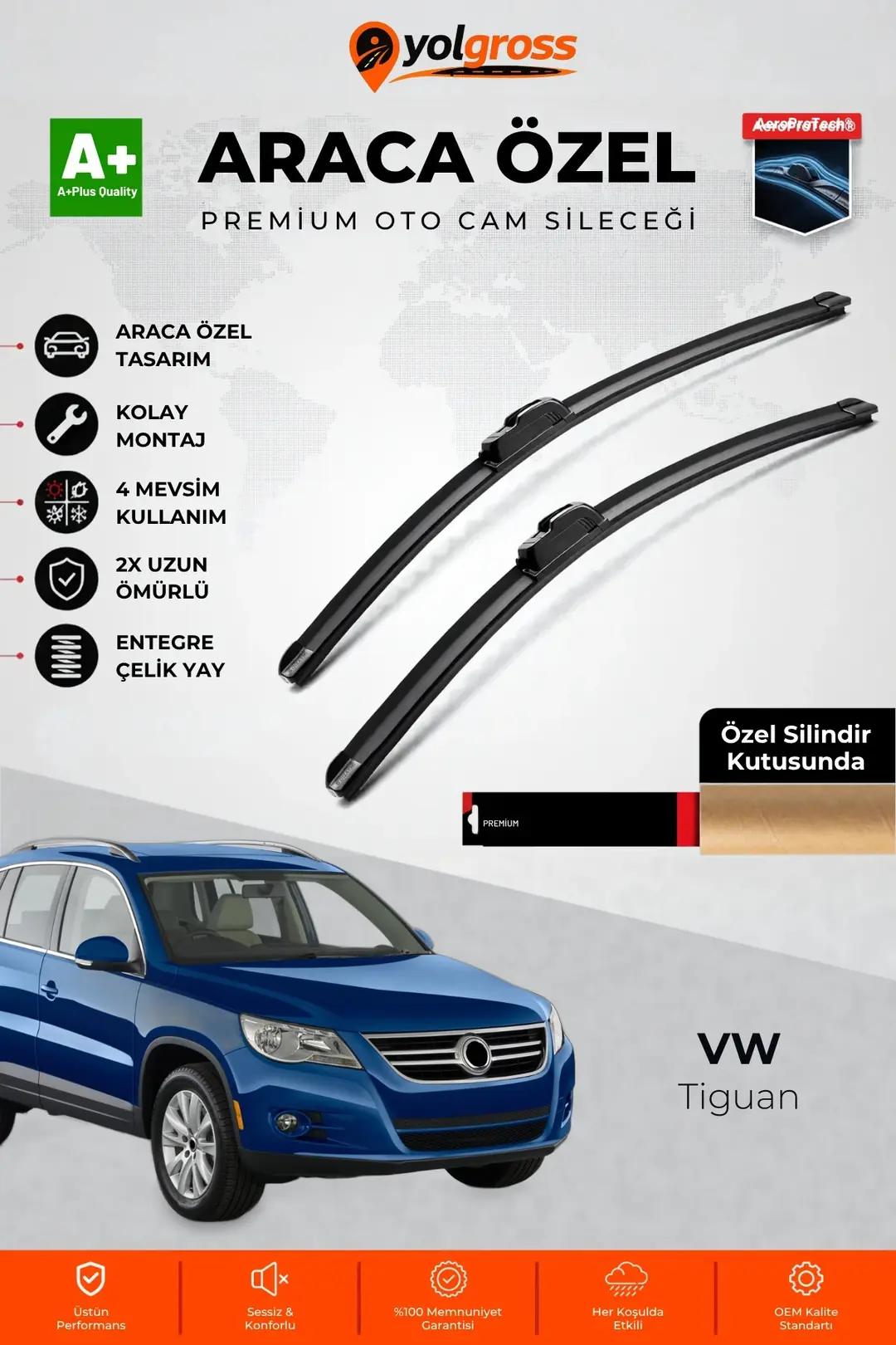 Ürün görseli: VW Tiguan Ön Cam Silecek Seti 2007-2016 Premium Araca Özel 60-50 Cm A+ Kalite