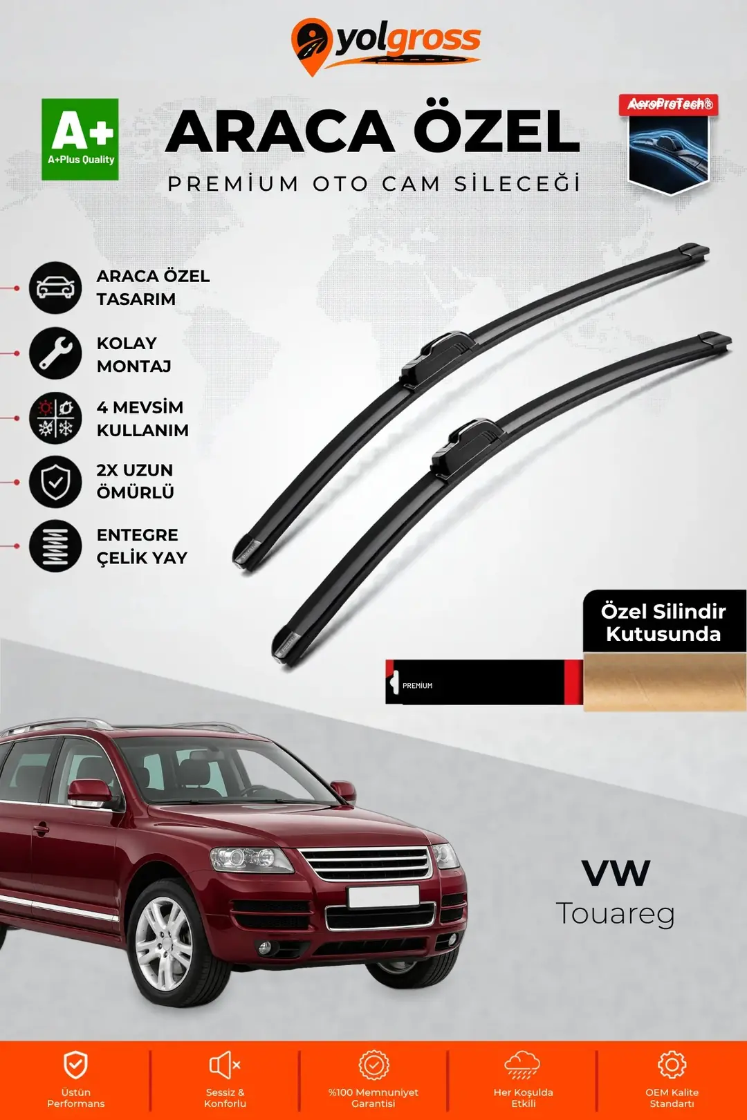 Ürün görseli: VW Touareg Ön Cam Silecek Seti 2002-2010 Premium Araca Özel 65-65 Cm A+ Kalite