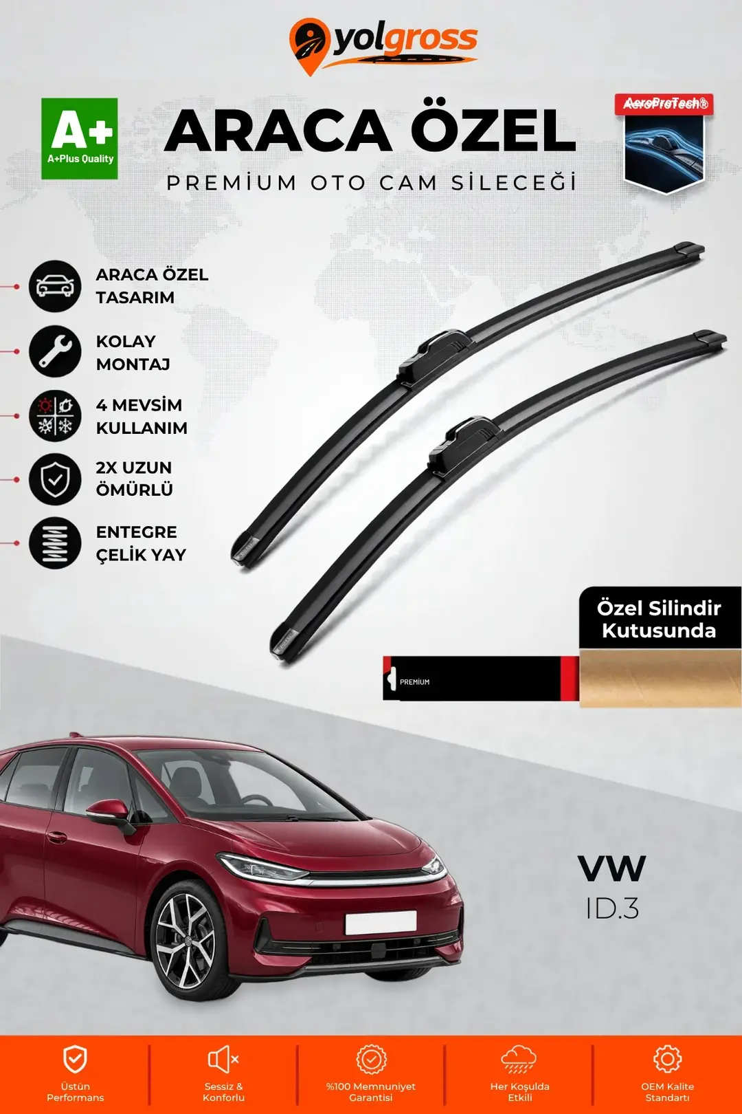 Ürün görseli: VW ID.3 Ön Cam Silecek Seti 2019 Üzeri Premium Araca Özel 75-75 Cm A+ Kalite