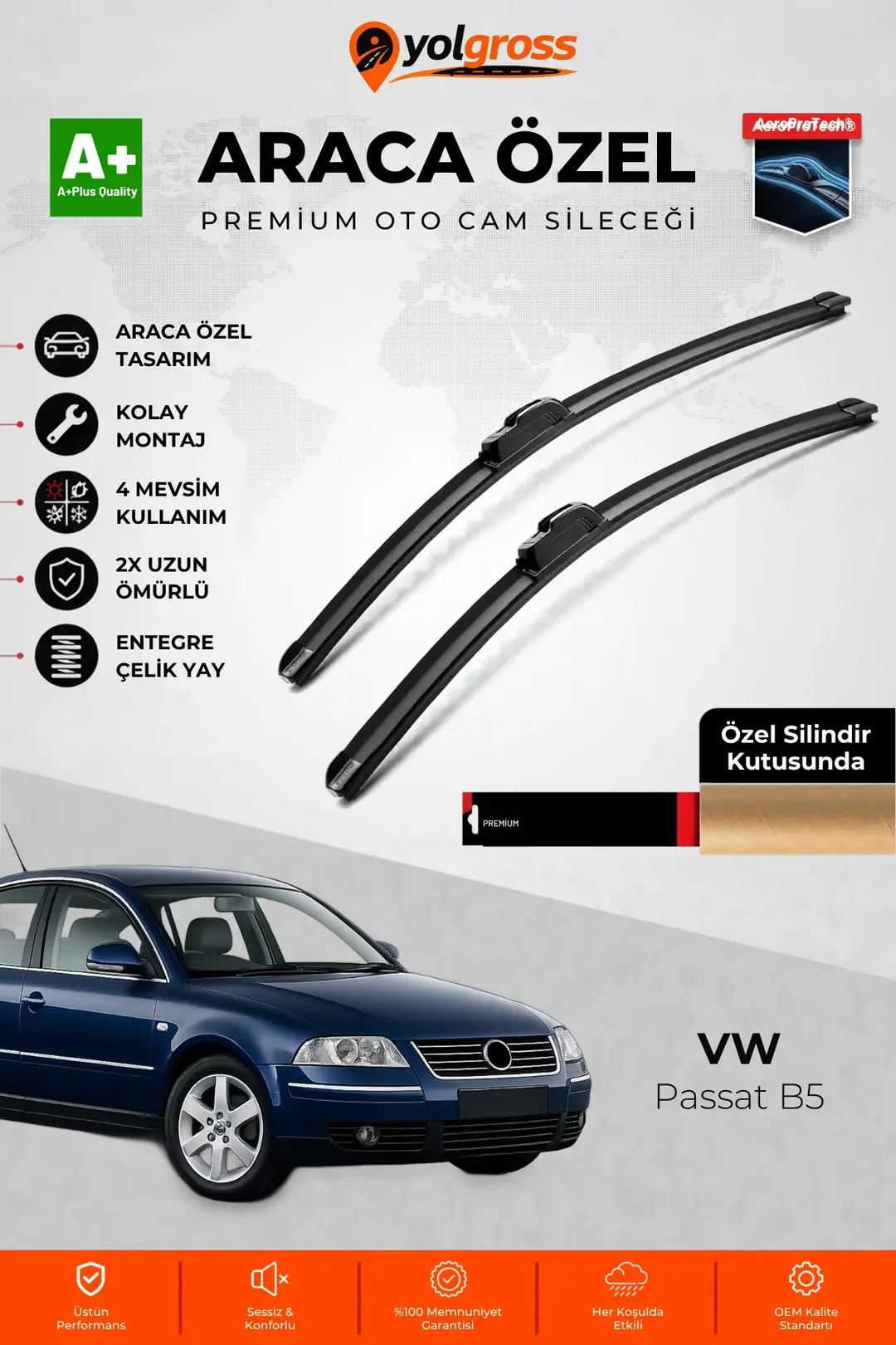 Ürün görseli: VW Passat B5 Ön Cam Silecek Seti 1996-2005 Premium Araca Özel 53-50 Cm A+ Kalite