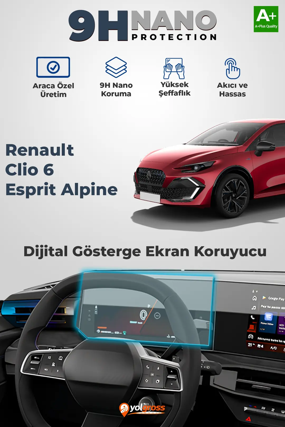 Ürün görseli: Renault Clio 6 Esprit Alpine 9H Nano Dijital Gösterge Ekran Koruyucu Parlak 2026 Üzeri A+ Kalite