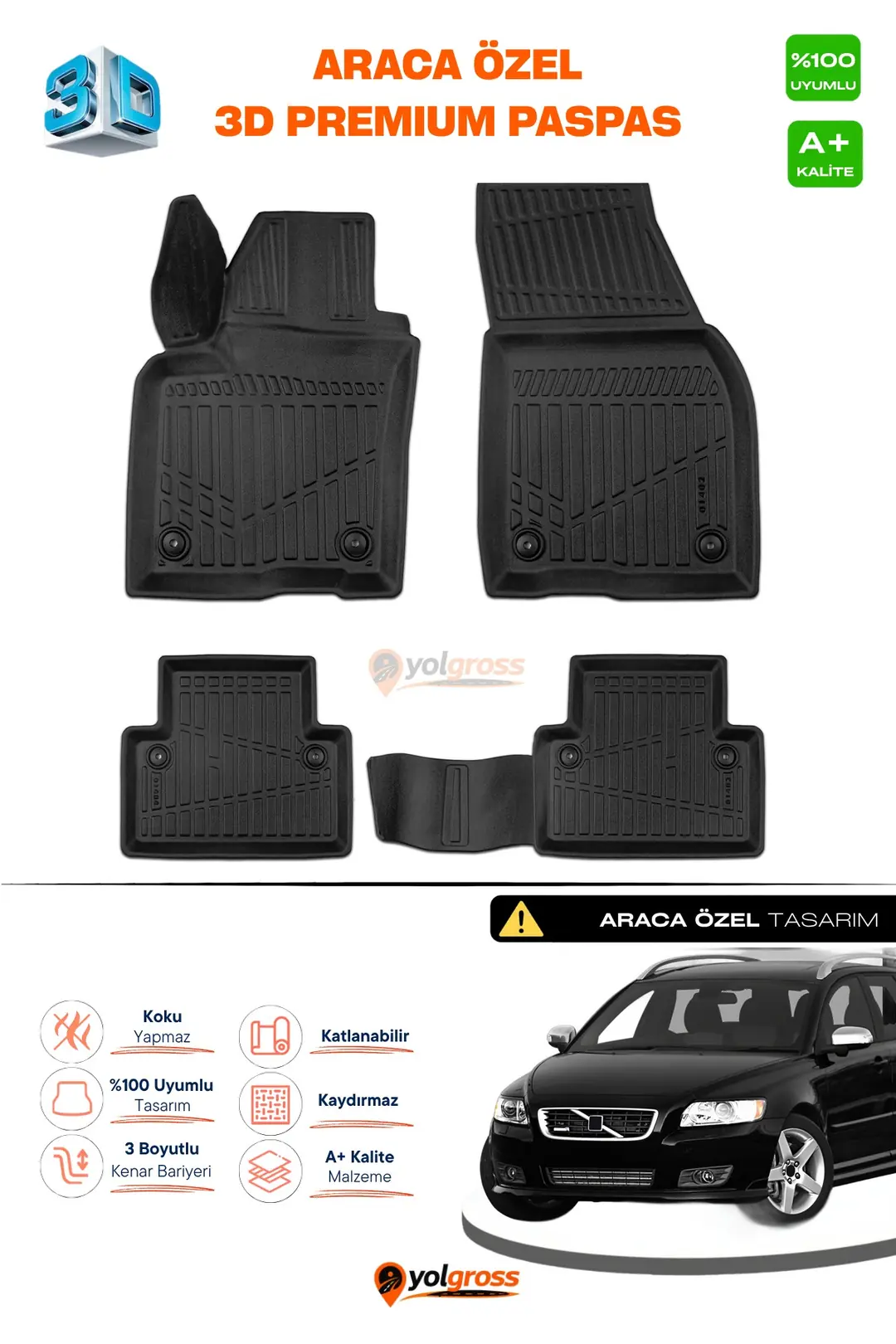 Ürün görseli: Volvo V50 3D Pro Havuzlu Paspas 2004-2012 A+ Kalite