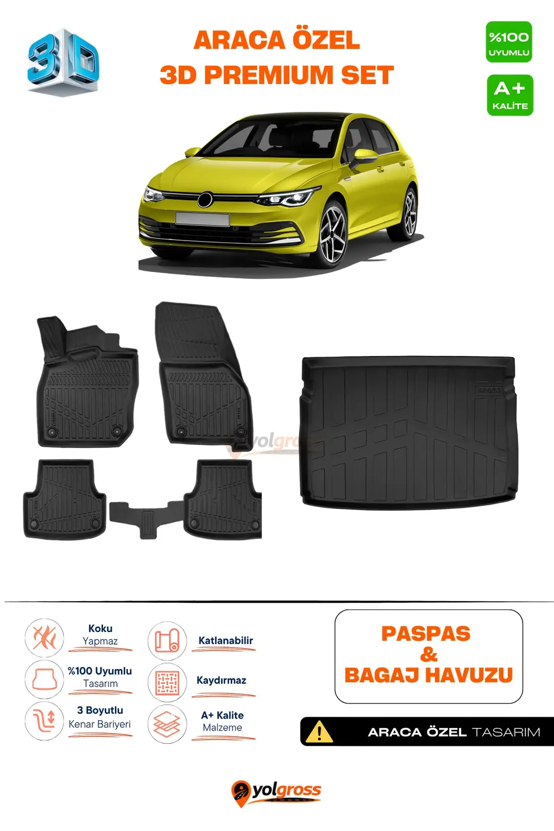 Ürün görseli: VW Golf 8 Otomatik 3D Pro Havuzlu Paspas ve Üst Bagaj Havuzu Seti (2'li SET) 2020 Üzeri A+ Kalite