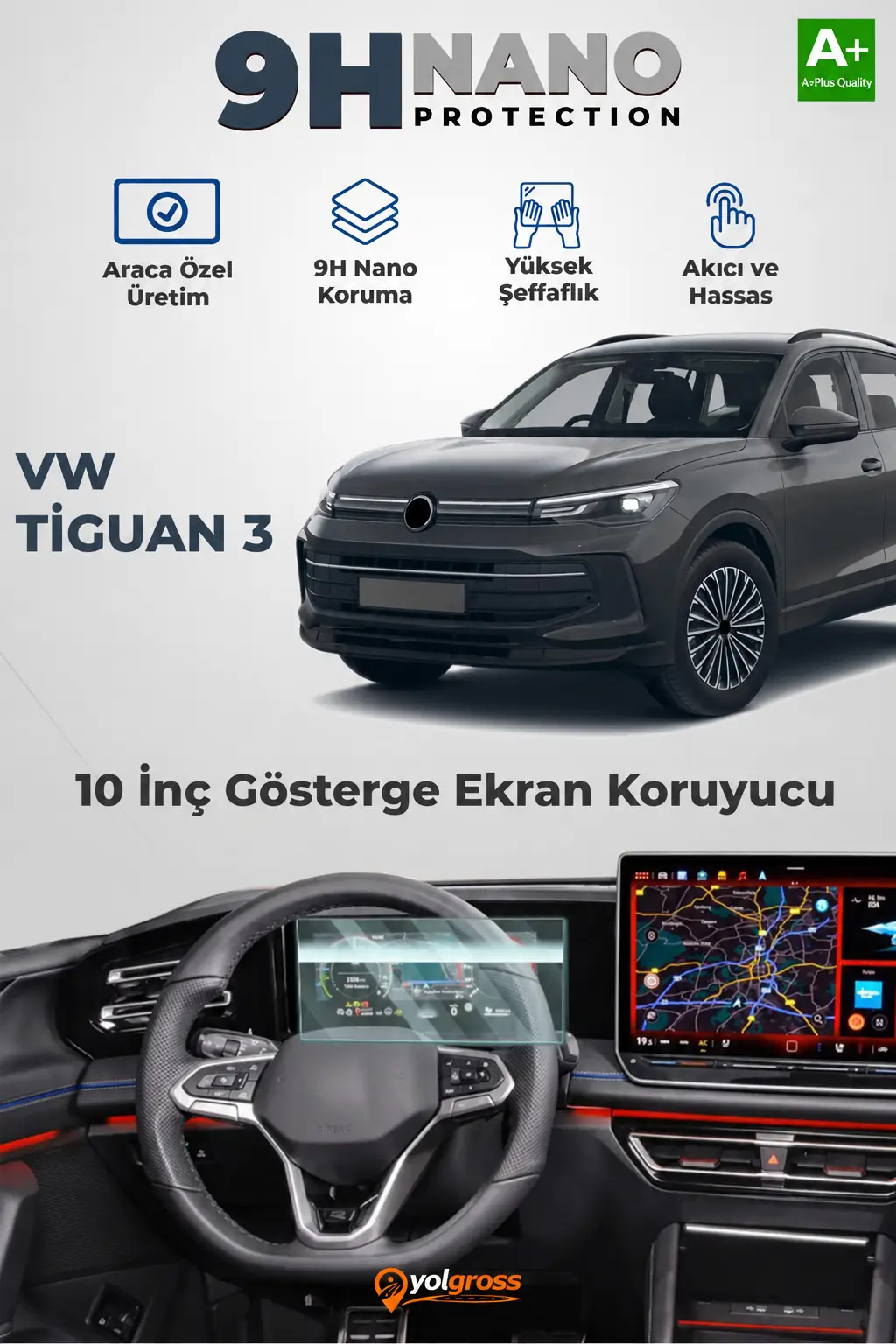 Ürün görseli: Volkswagen Tiguan 3 10.25 İnç 9H Nano Gösterge Ekran Koruyucu Parlak 2024 Üzeri A+ Kalite
