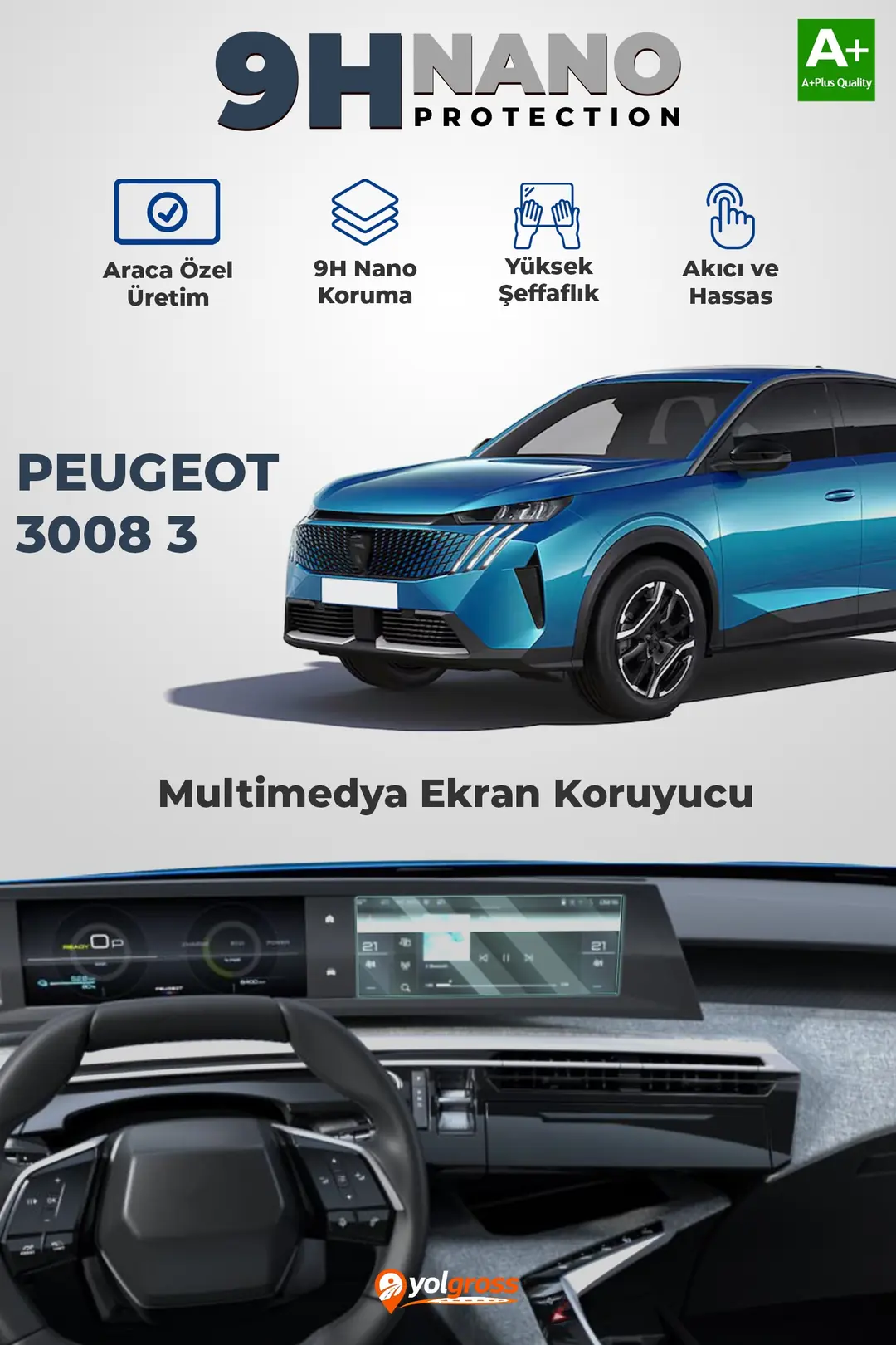 Ürün görseli: Peugeot 3008 3 10 İnç 9H Nano Multimedya Ekran Koruyucu Parlak 2024 Üzeri A+ Kalite