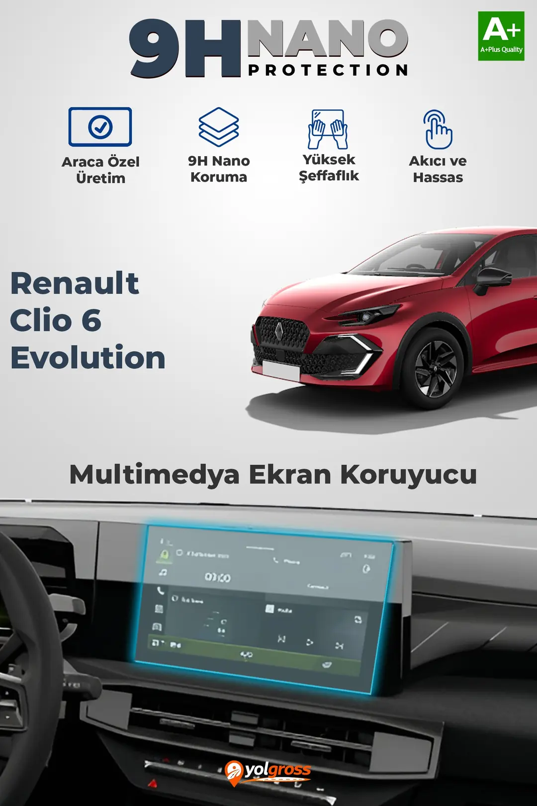 Ürün görseli: Renault Clio 6 Evolution 9H Multimedya Ekran Koruyucu Parlak 2026 Üzeri A+ Kalite