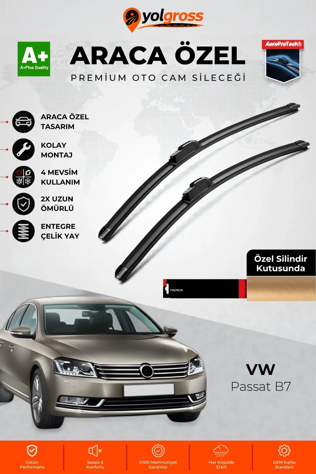 Ürün görseli: VW Passat B7 Ön Cam Silecek Seti 2010-2014 Premium Araca Özel 60-48 Cm A+ Kalite