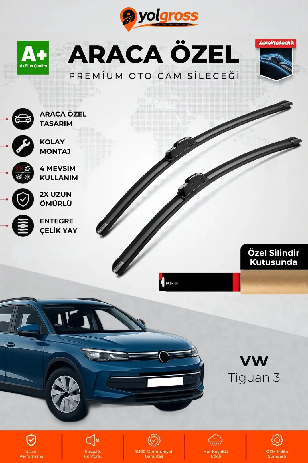 Ürün görseli: VW Tiguan 3 Ön Cam Silecek Seti 2024 Üzeri Premium Araca Özel 65-53 Cm A+ Kalite