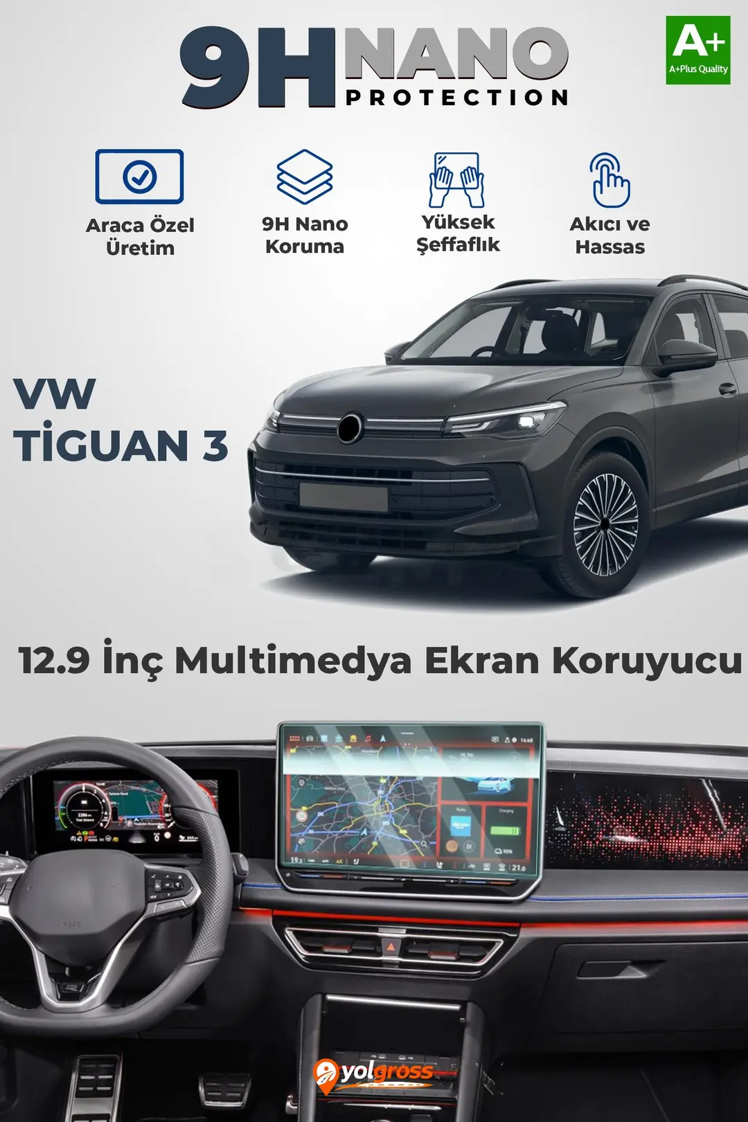 Ürün görseli: Volkswagen Tiguan 3 12.9 İnç 9H Nano Multimedya Ekran Koruyucu Parlak 2024 Üzeri A+ Kalite