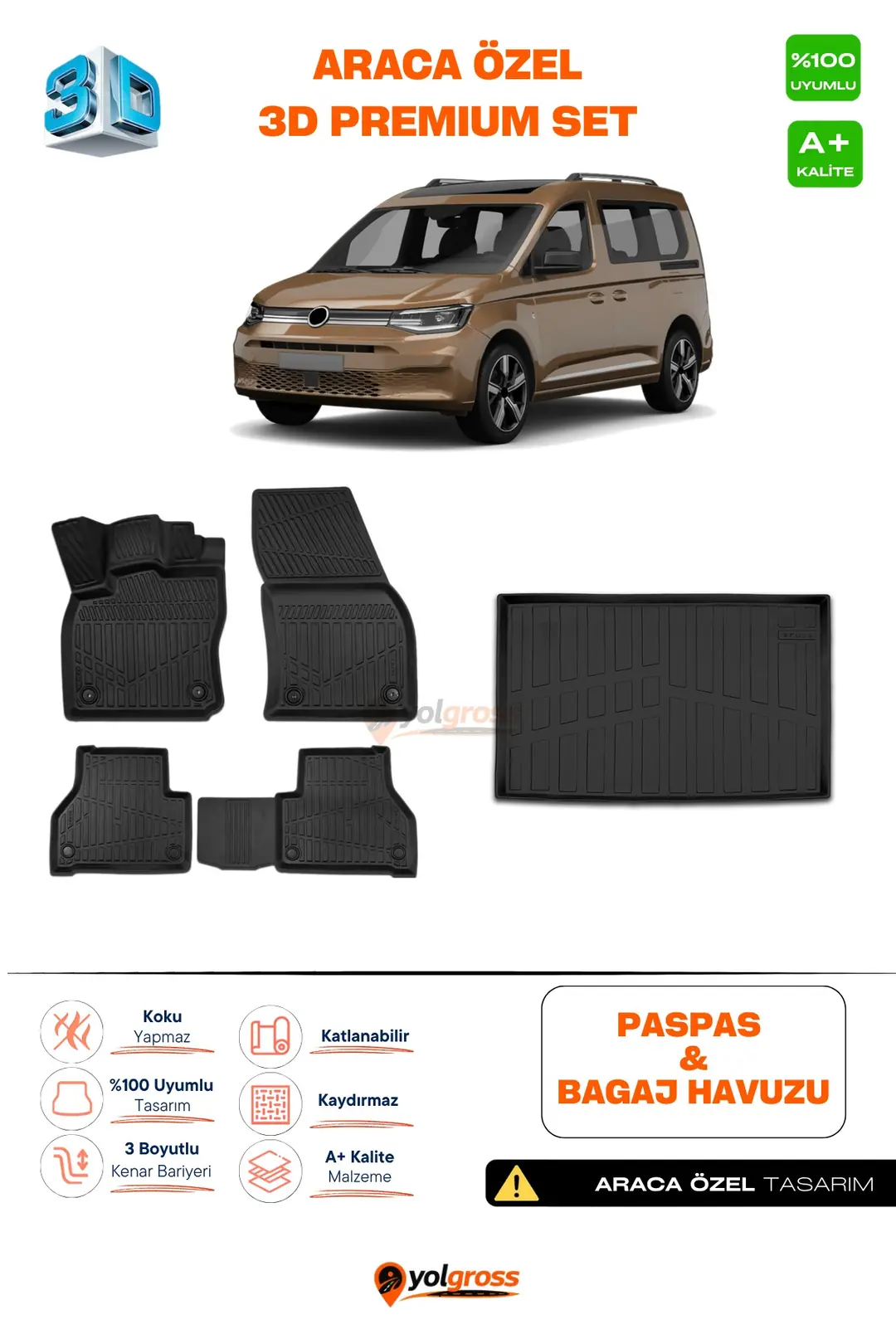 Ürün görseli: VW Caddy 3D Pro Havuzlu Paspas ve Bagaj Havuzu Seti (2'li SET) 2020 Üzeri A+ Kalite