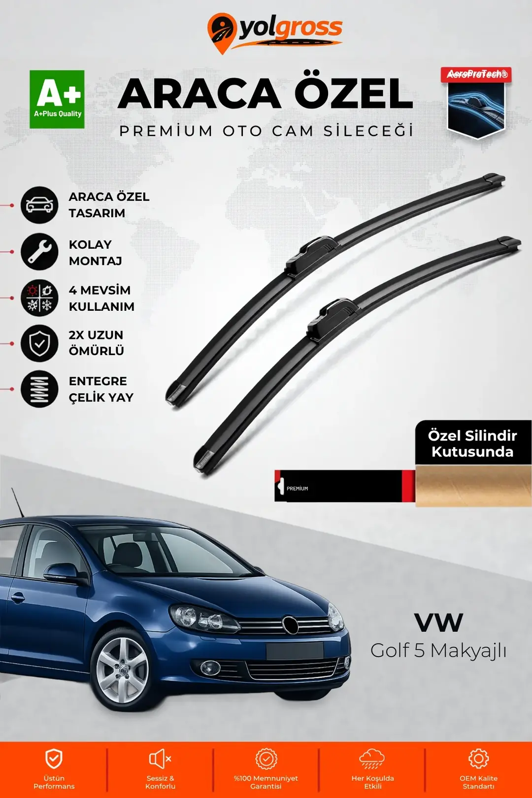 Ürün görseli: VW Golf 5 Makyajlı Ön Cam Silecek Seti 2005-2008 Premium Araca Özel 60-48 Cm A+ Kalite