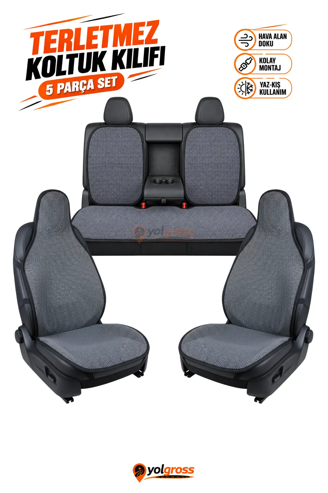 Ürün görseli: Terletmez Oto Koltuk Koruyucu Kılıf 2+3 Parça Tam Set - Füme (Gri)