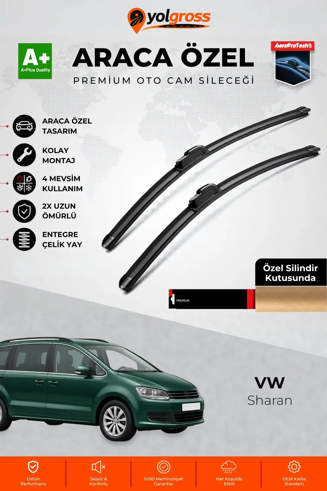 Ürün görseli: VW Sharan Ön Cam Silecek Seti 2000-2010 Premium Araca Özel 70-70 Cm A+ Kalite