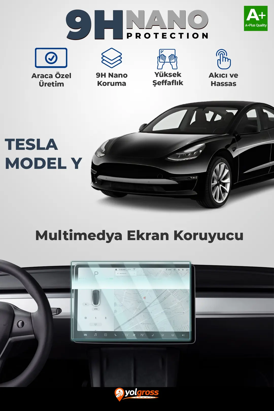 Ürün görseli: Tesla Model Y 15.4 İnç 9H Nano Multimedya Ekran Koruyucu Parlak 2022-2024 A+ Kalite
