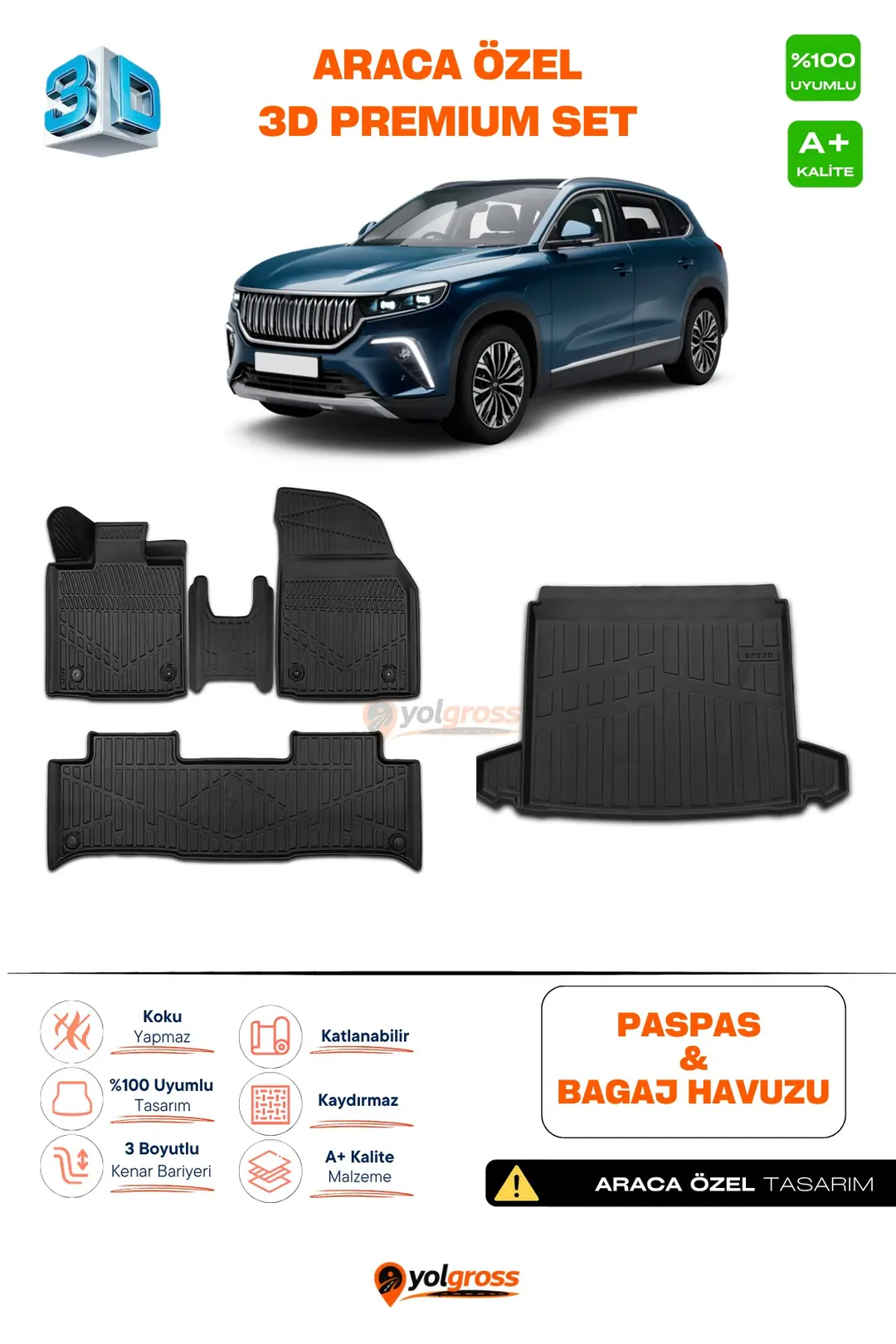 Ürün görseli: Togg T10X 3D Pro Havuzlu Paspas ve Bagaj Havuzu Seti (2'li SET) 2023 Üzeri A+ Kalite