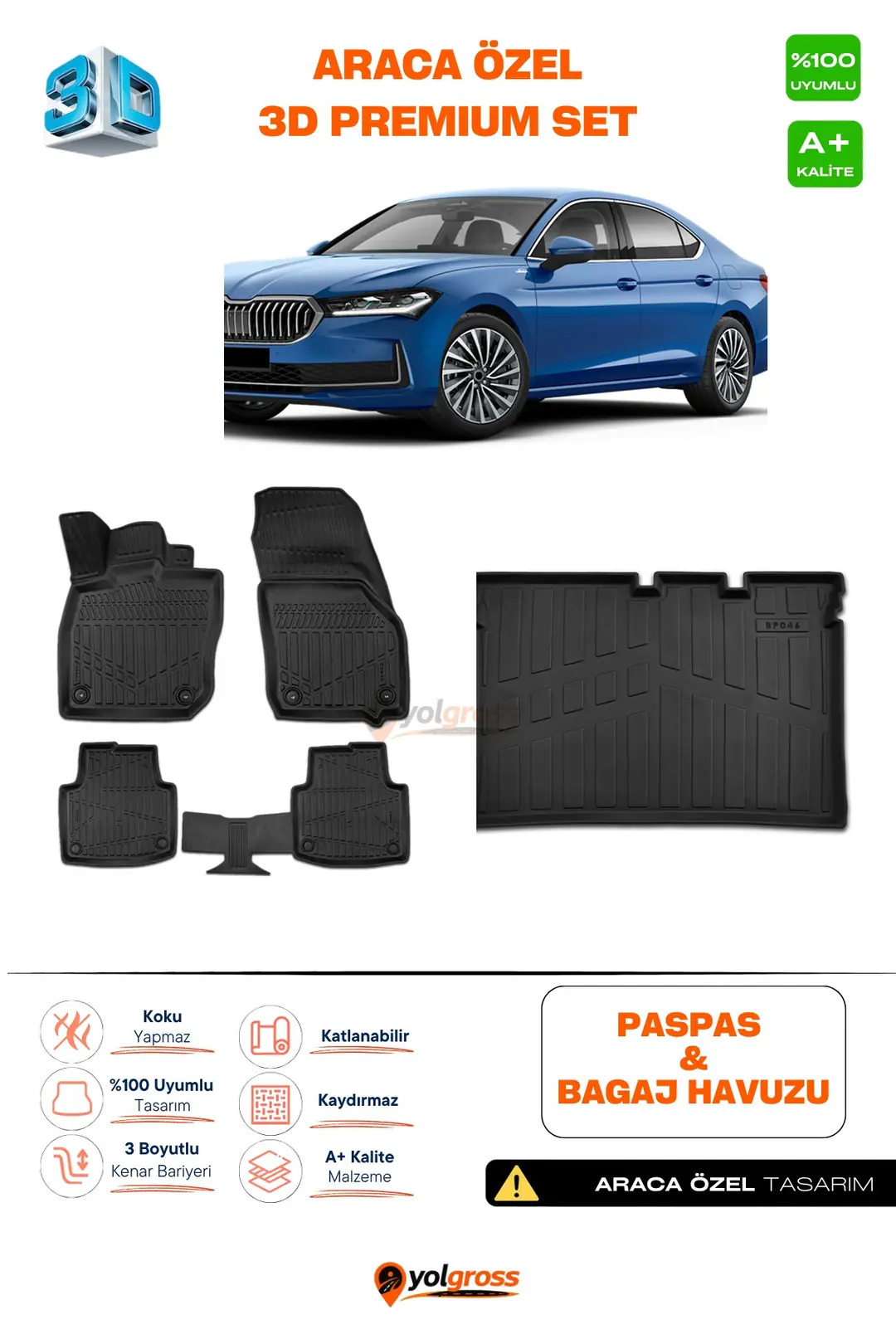 Ürün görseli: Skoda SuperB 3D Pro Havuzlu Paspas ve Bagaj Havuzu Seti (2'li SET) 2024 Üzeri A+ Kalite