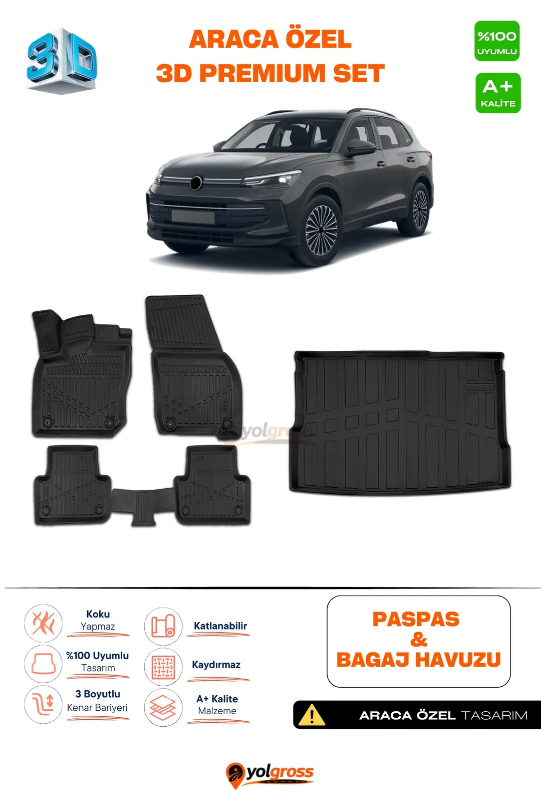 Ürün görseli: VW Tiguan 3D Pro Havuzlu Paspas ve Bagaj Havuzu Seti (2'li SET) 2024 Üzeri A+ Kalite