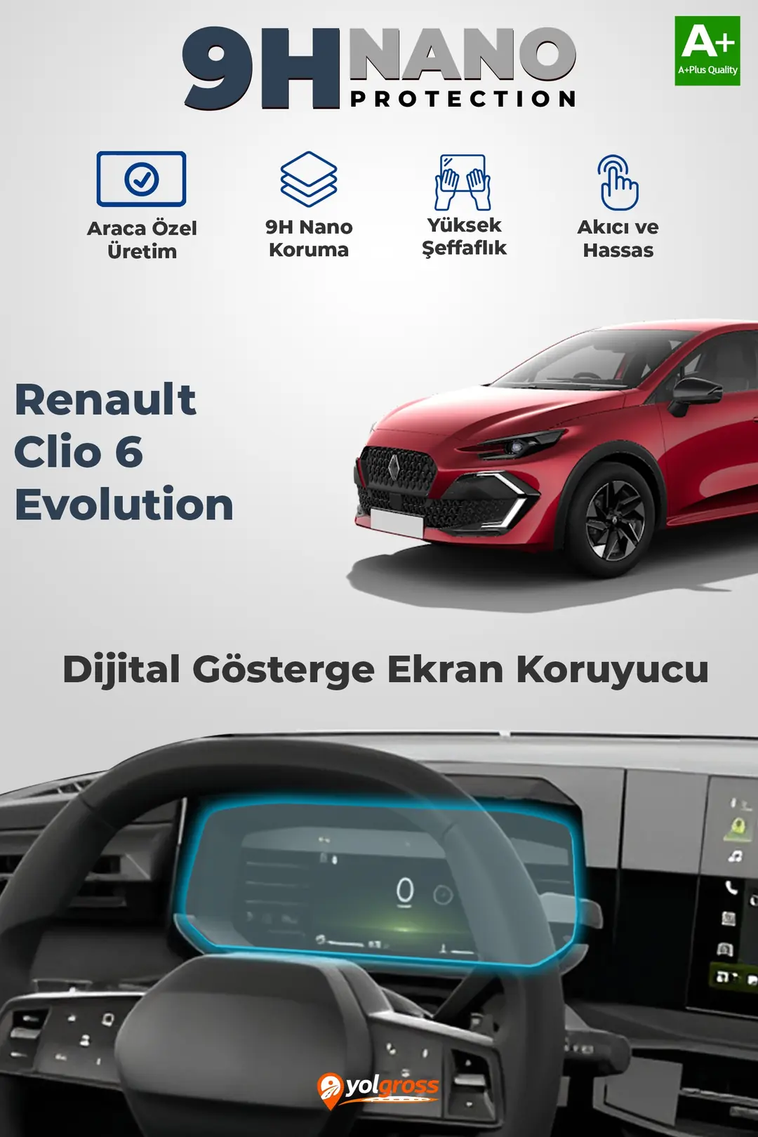 Ürün görseli: Renault Clio 6 Evolution 9H Nano Dijital Gösterge Ekran Koruyucu Parlak 2026 Üzeri A+ Kalite