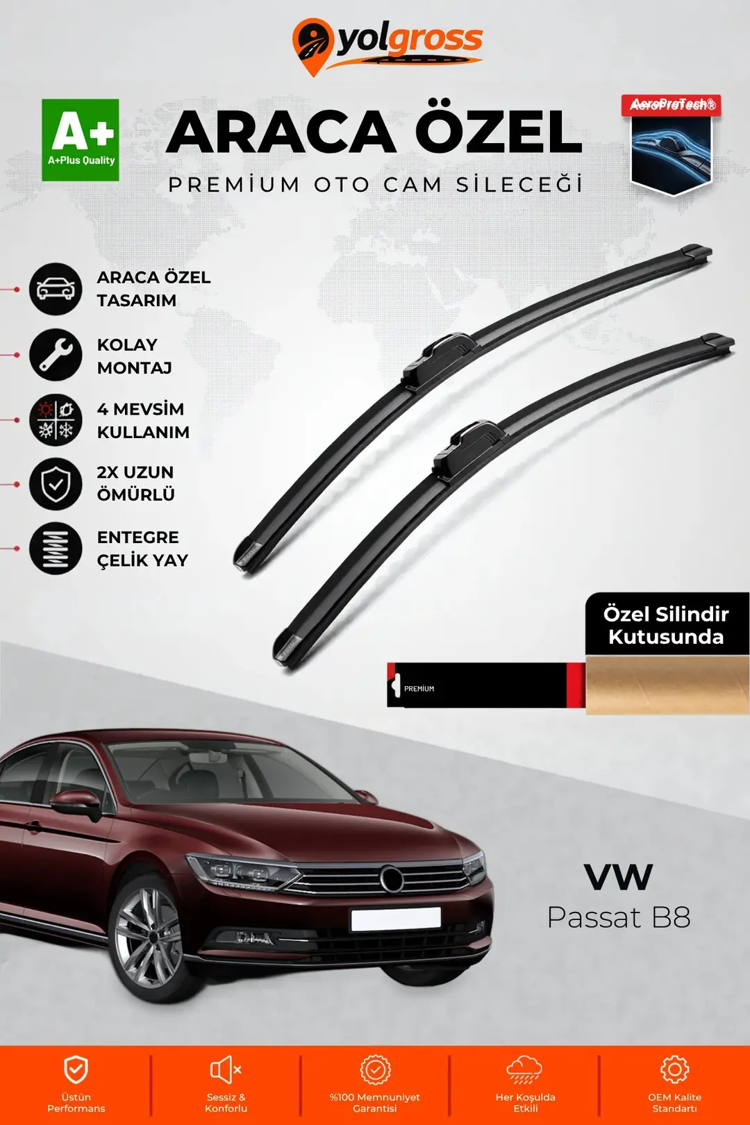 Ürün görseli: VW Passat B8 Ön Cam Silecek Seti 2015-2024 Premium Araca Özel 65-48 Cm A+ Kalite