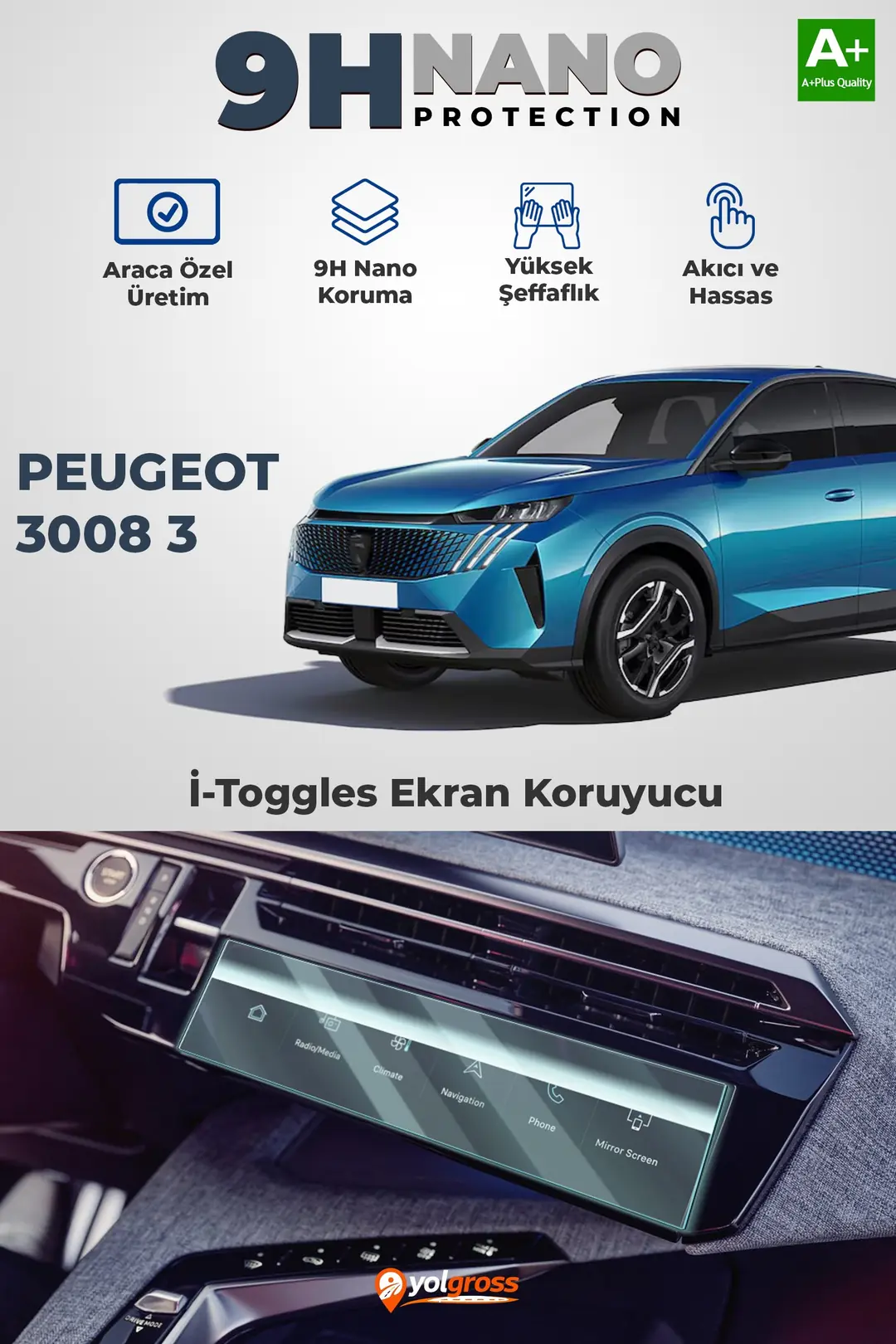 Ürün görseli: Peugeot 3008 3 9H Nano İ-Toggle Klima Kontrol Ünitesi Ekran Koruyucu Parlak 2024 Üzeri A+ Kalite