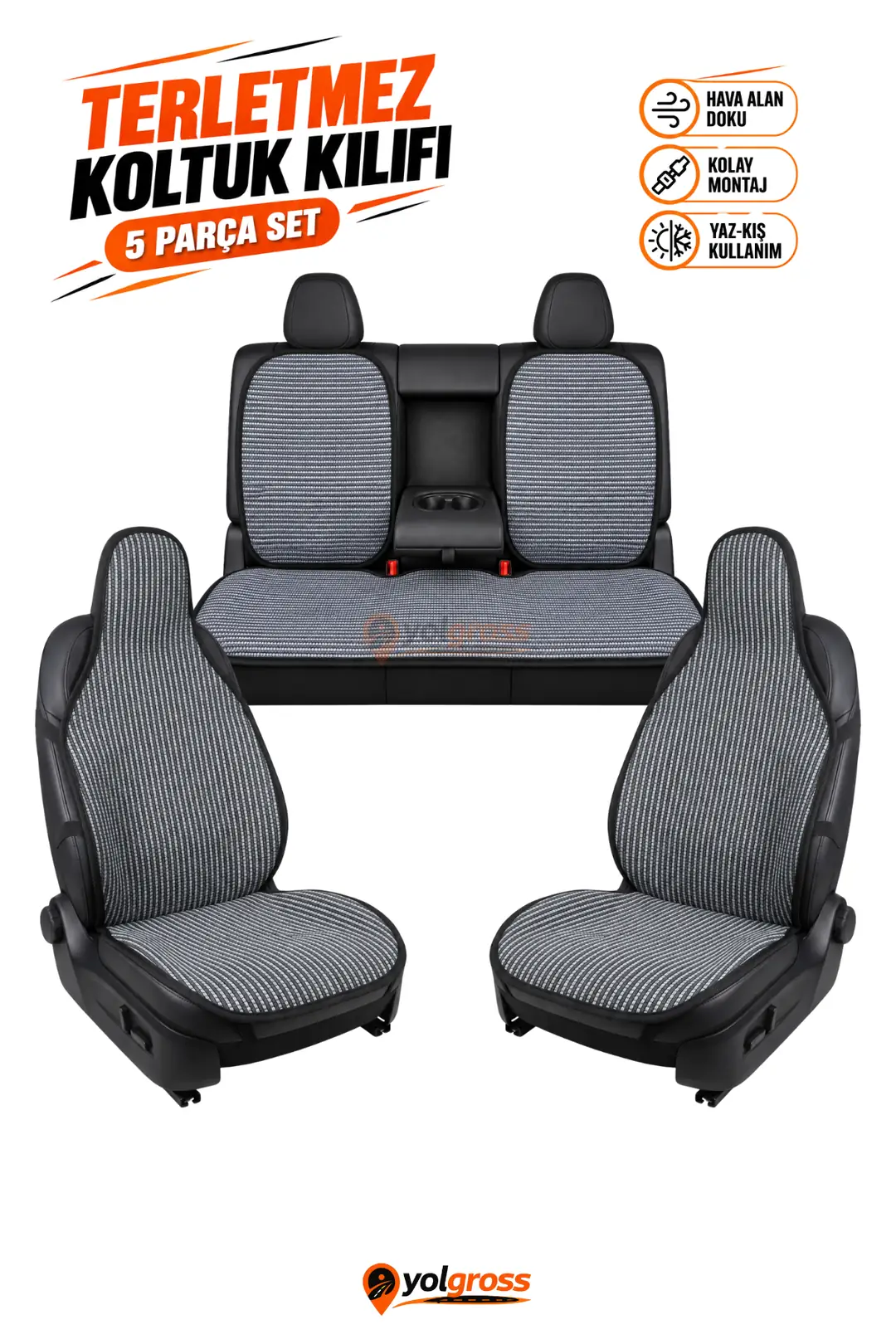 Ürün görseli: Terletmez Oto Koltuk Koruyucu Kılıf 2+3 Parça Tam Set - Füme-Beyaz