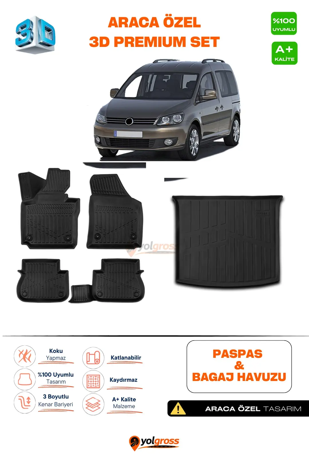 Ürün görseli: VW Caddy 3D Pro Havuzlu Paspas ve Bagaj Havuzu Seti (2'li SET) 2010-2015 A+ Kalite