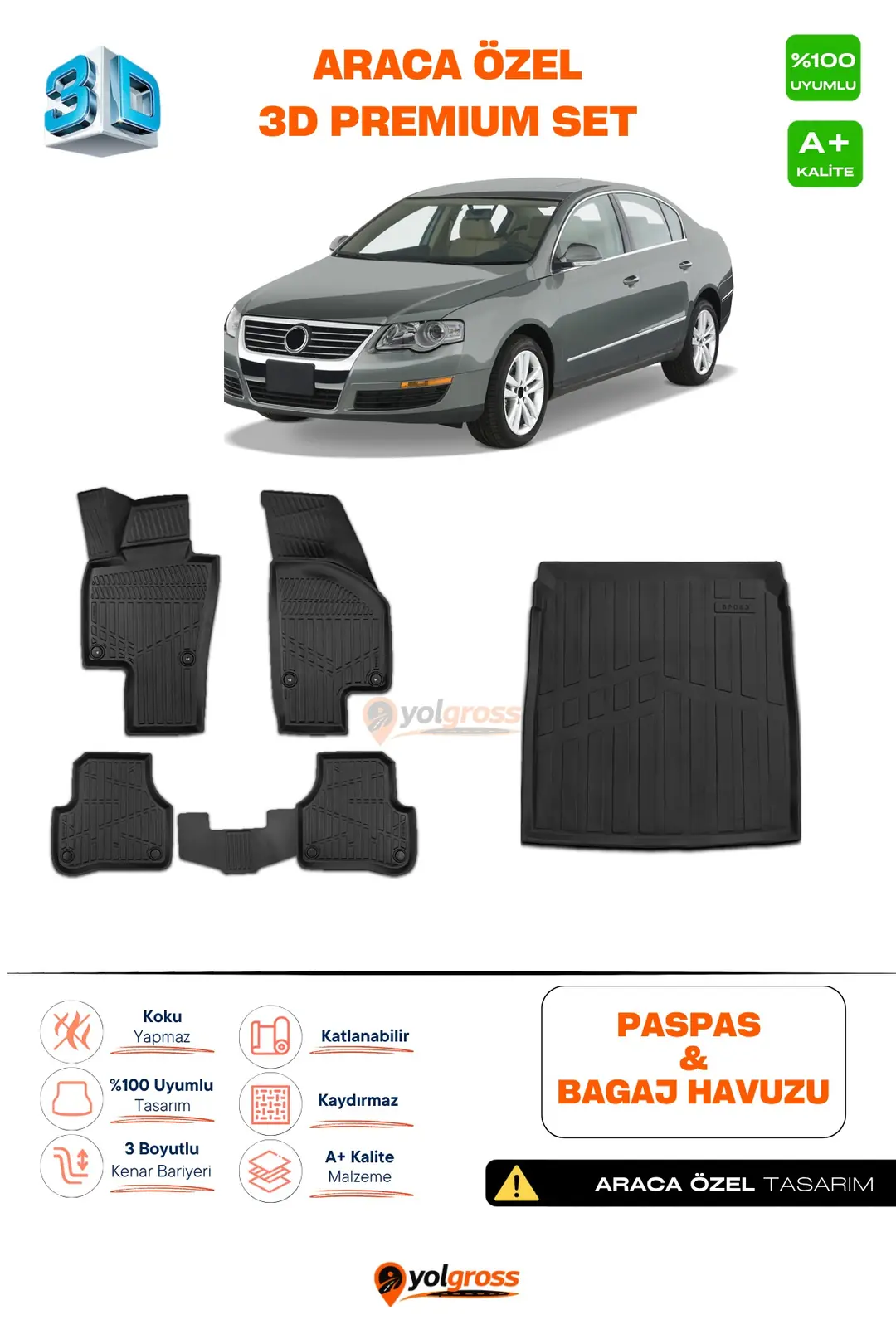 Ürün görseli: VW Passat B6 3D Pro Havuzlu Paspas ve Bagaj Havuzu Seti (2'li SET) 2005-2010 A+ Kalite