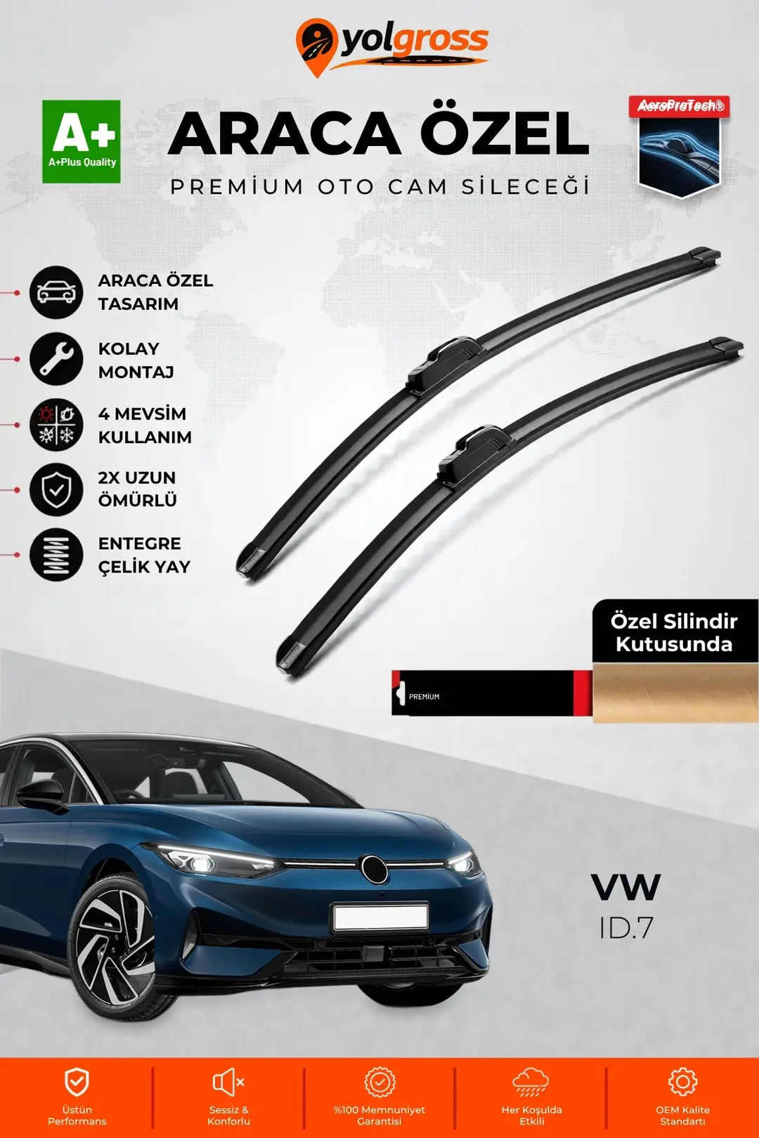 Ürün görseli: VW ID.7 Ön Cam Silecek Seti 2023 Üzeri Premium Araca Özel 70-40 Cm A+ Kalite