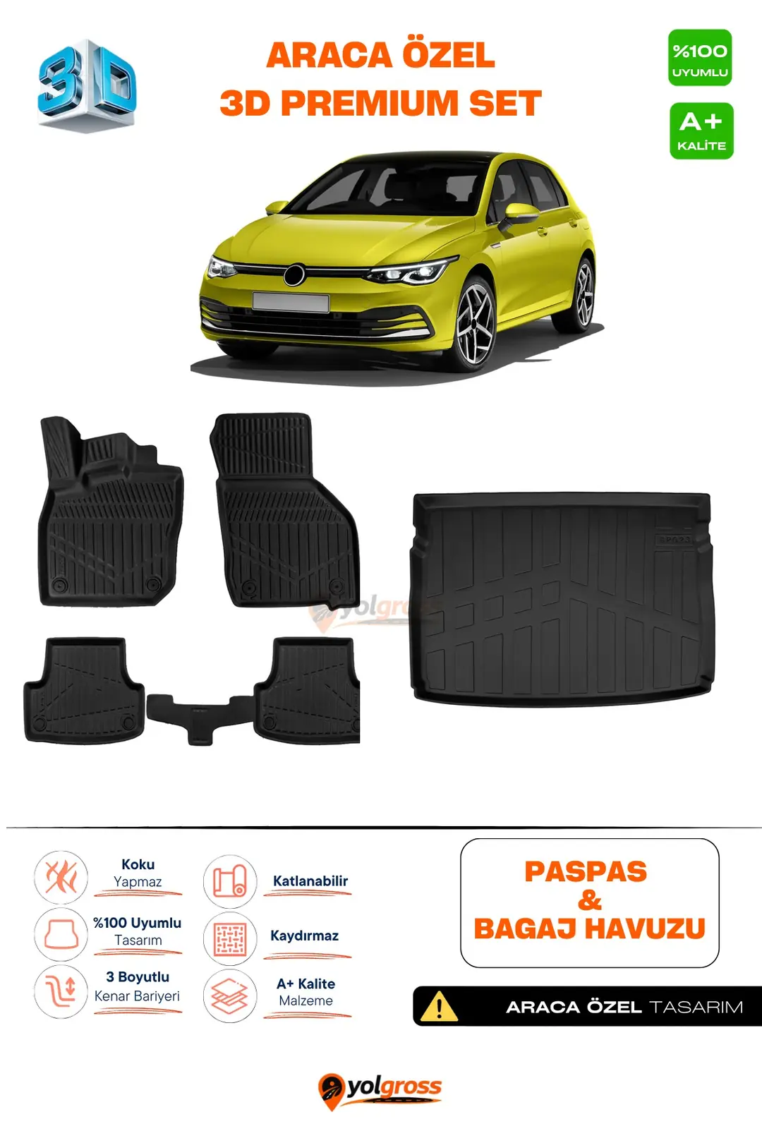 Ürün görseli: VW Golf 8 Manuel 3D Pro Havuzlu Paspas ve Üst Bagaj Havuzu Seti (2'li SET) 2020 Üzeri A+ Kalite