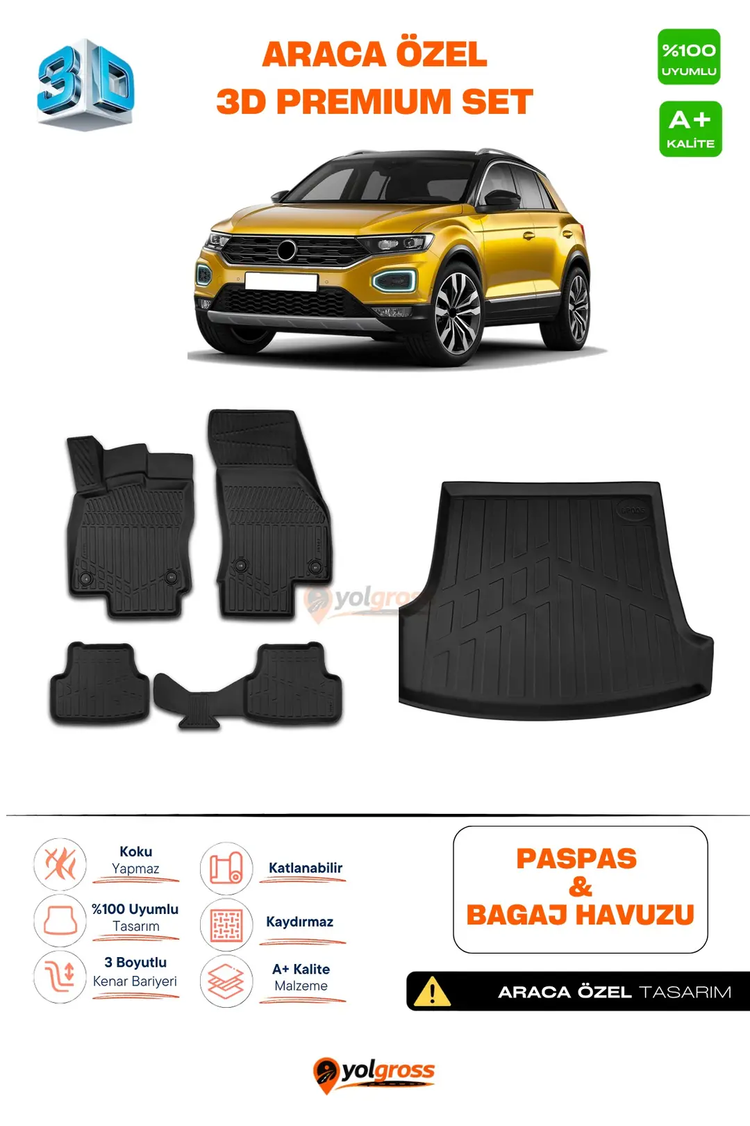 Ürün görseli: VW T-Roc 3D Pro Havuzlu Paspas ve Üst Bagaj Havuzu Seti (2'li SET) 2019-2025 A+ Kalite