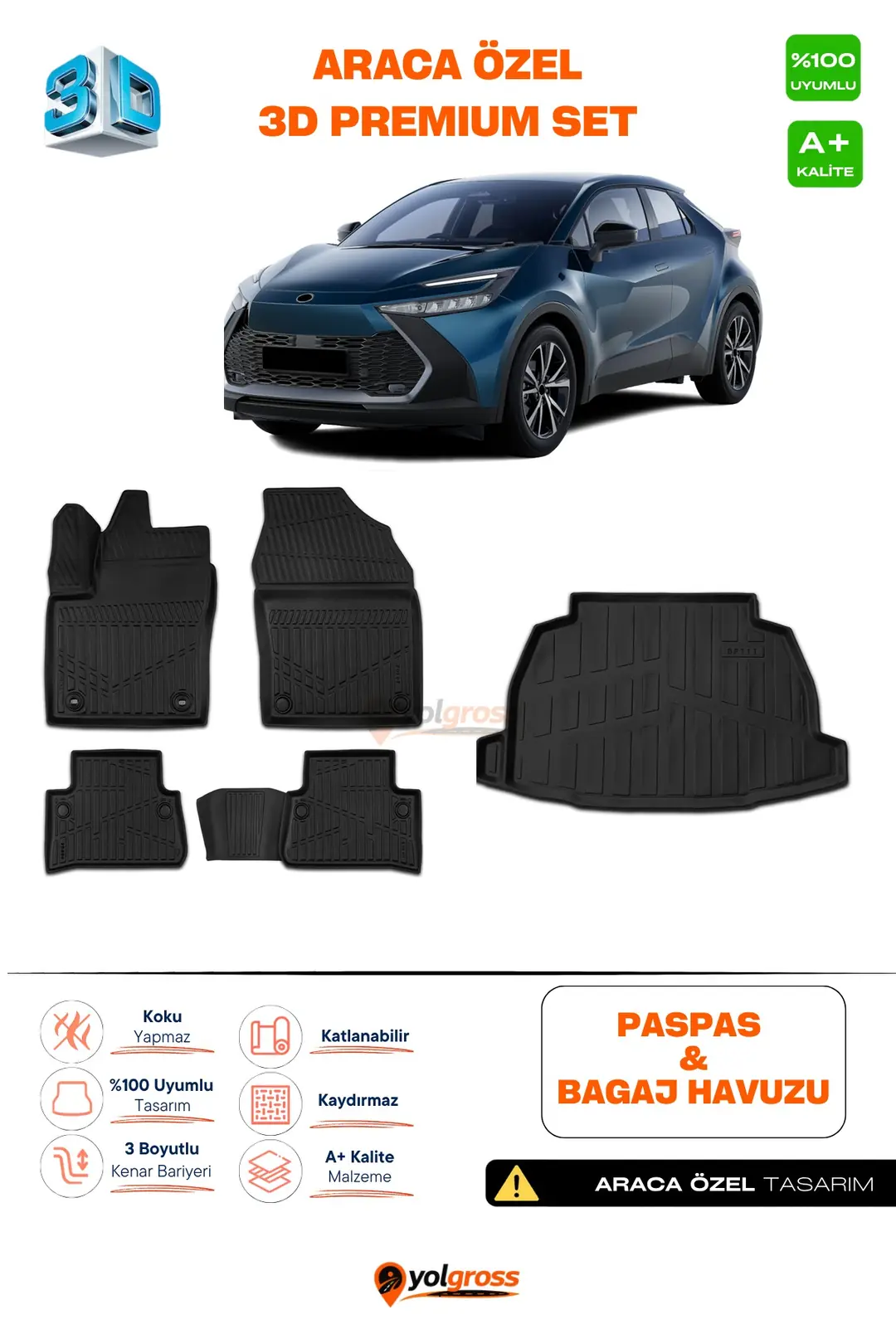 Ürün görseli: Toyota C-HR 3D Pro Havuzlu Paspas ve Bagaj Havuzu Seti (2'li SET) 2023 Üzeri A+ Kalite