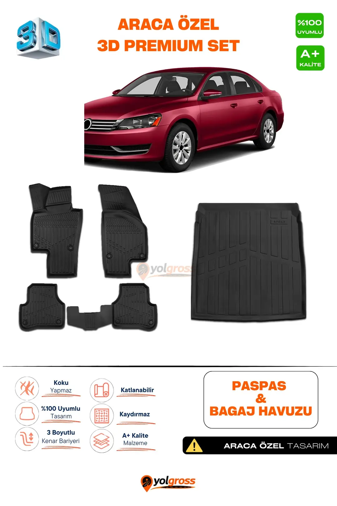 Ürün görseli: VW Passat B7 3D Pro Havuzlu Paspas ve Bagaj Havuzu Seti (2'li SET) 2010-2014 A+ Kalite