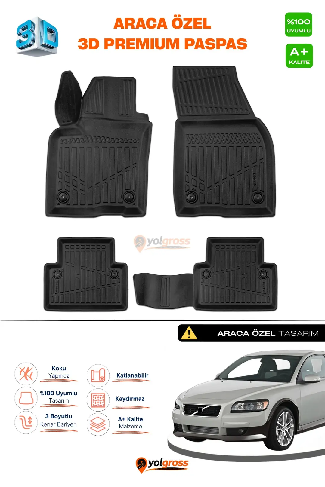 Ürün görseli: Volvo C30 3D Pro Havuzlu Paspas 2006-2013 A+ Kalite