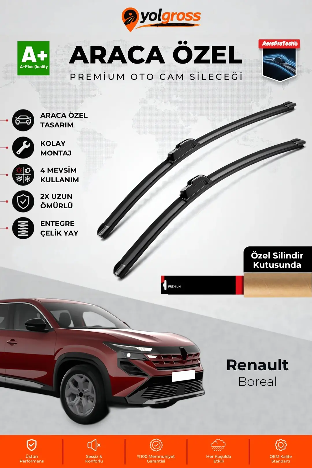 Ürün görseli: Renault Boreal Ön Cam Silecek Seti 2025 Üzeri Premium Araca Özel 60-45 Cm A+ Kalite