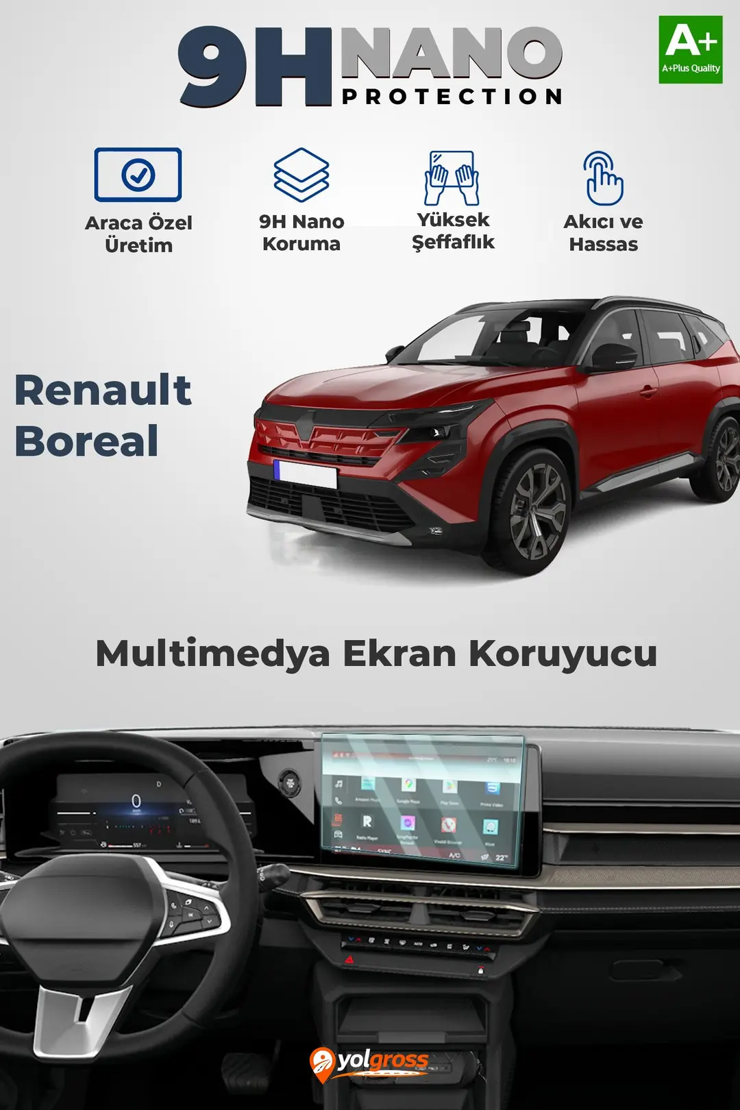 Ürün görseli: Renault Boreal 9H Nano Multimedya Ekran Koruyucu Parlak 2025 Üzeri A+ Kalite