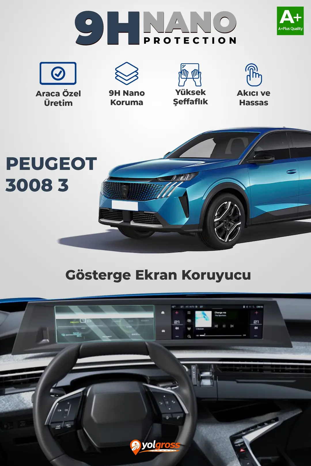 Ürün görseli: Peugeot 3008 3 10 İnç 9H Nano Gösterge Ekran Koruyucu Parlak 2024 Üzeri A+ Kalite