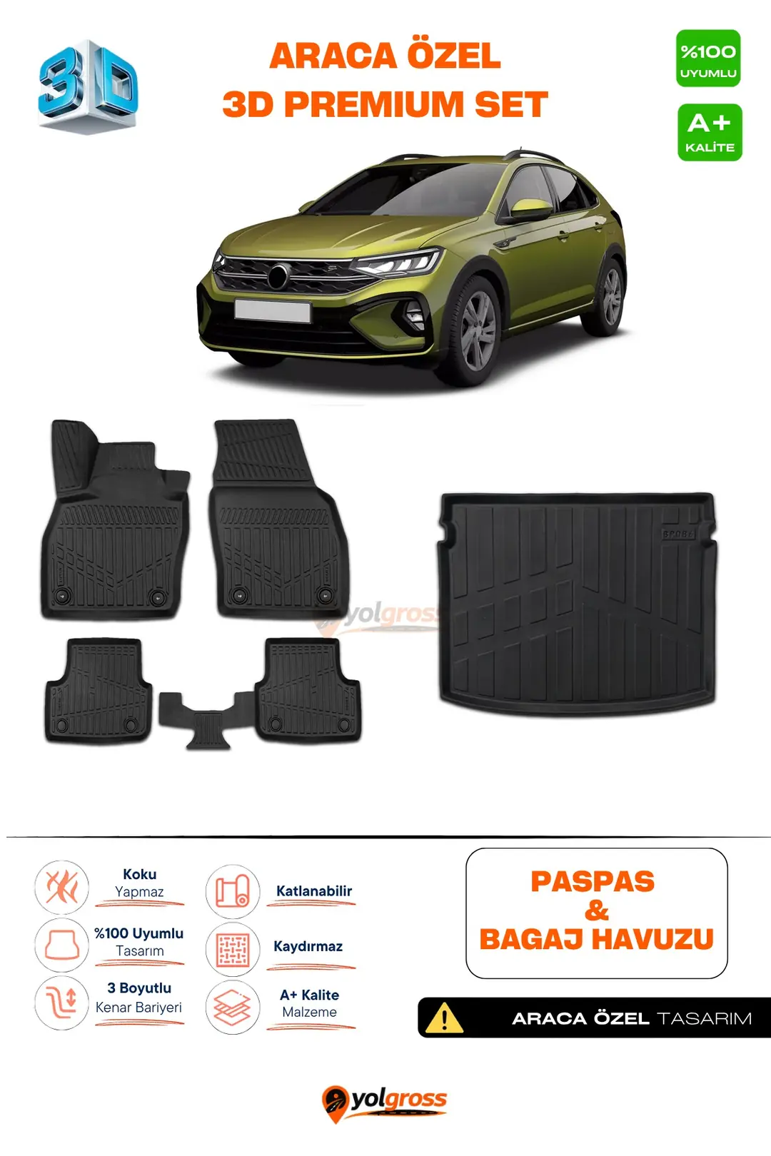 Ürün görseli: VW Taigo 3D Pro Havuzlu Paspas ve Alt Bagaj Havuzu Seti (2'li SET) 2020 Üzeri A+ Kalite