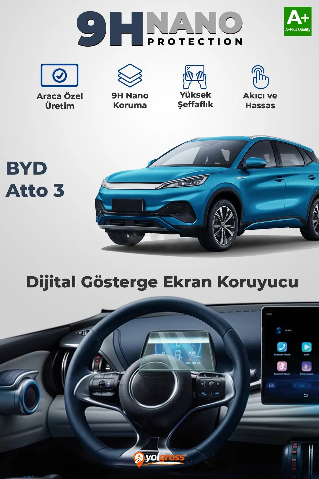 Ürün görseli: BYD Atto 3 9H Nano Gösterge Ekran Koruyucu Parlak 2024 Üzeri A+ Kalite