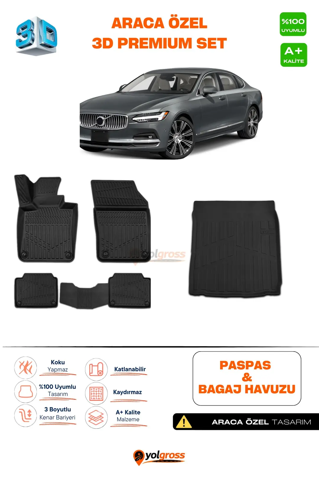 Ürün görseli: Volvo S90 3D Pro Paspas ve Bagaj Havuzu Seti (2'li SET) 2016 Üzeri A+ Kalite