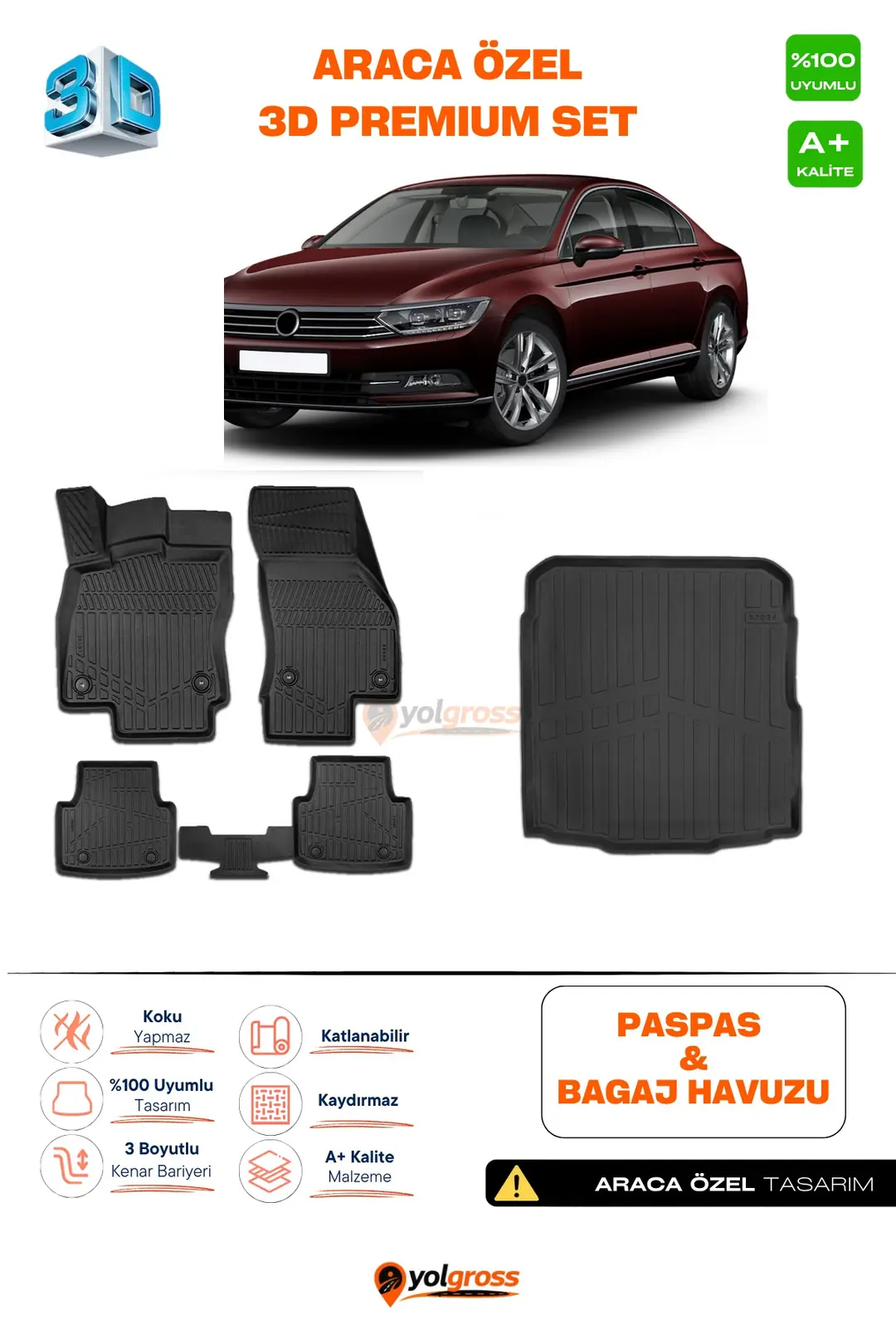 Ürün görseli: VW Passat B8 3D Pro Havuzlu Paspas ve Bagaj Havuzu Seti (2'li SET) 2015-2023 A+ Kalite