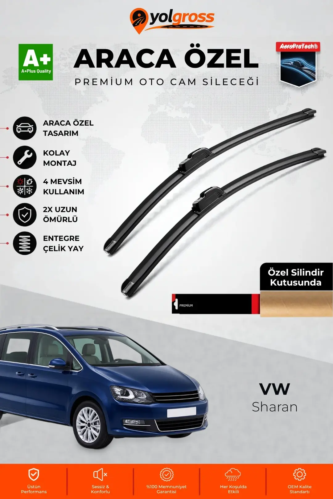 Ürün görseli: VW Sharan Ön Cam Silecek Seti 2010-2022 Premium Araca Özel 70-40 Cm A+ Kalite
