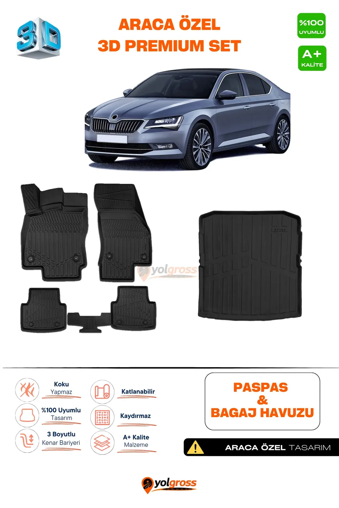 Ürün görseli: Skoda SuperB 3D Pro Havuzlu Paspas ve Bagaj Havuzu Seti (2'li SET) 2015-2023 A+ Kalite