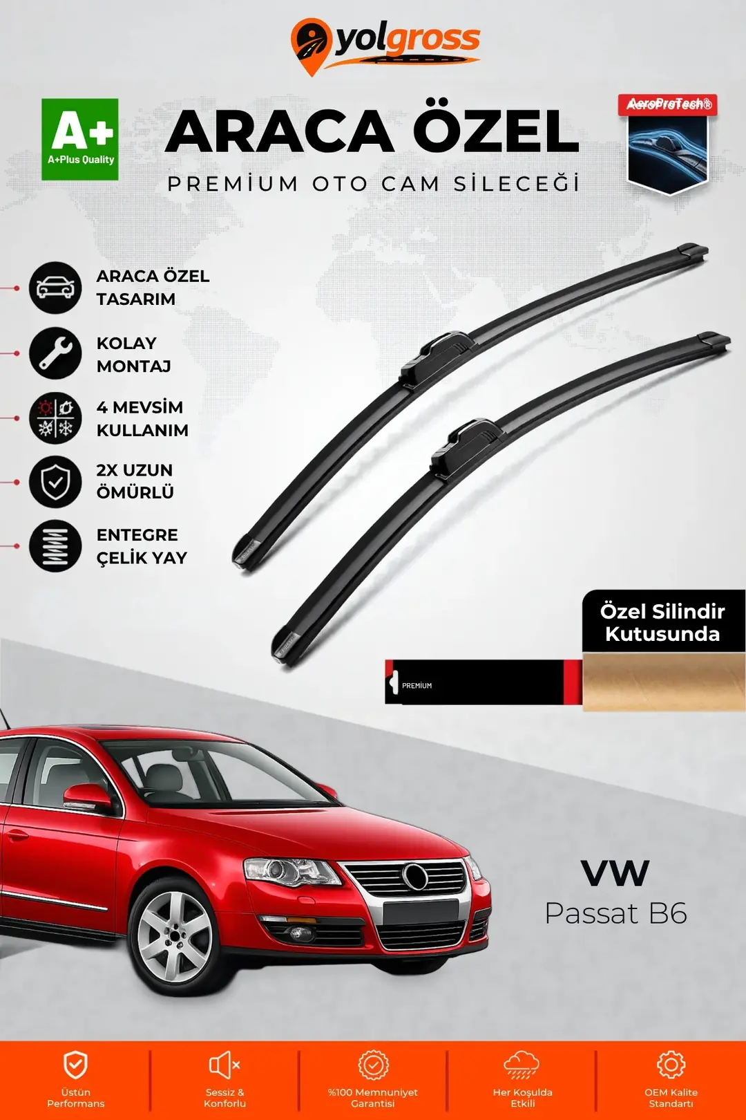 Ürün görseli: VW Passat B6 Ön Cam Silecek Seti 2005-2010 Premium Araca Özel 60-48 Cm A+ Kalite