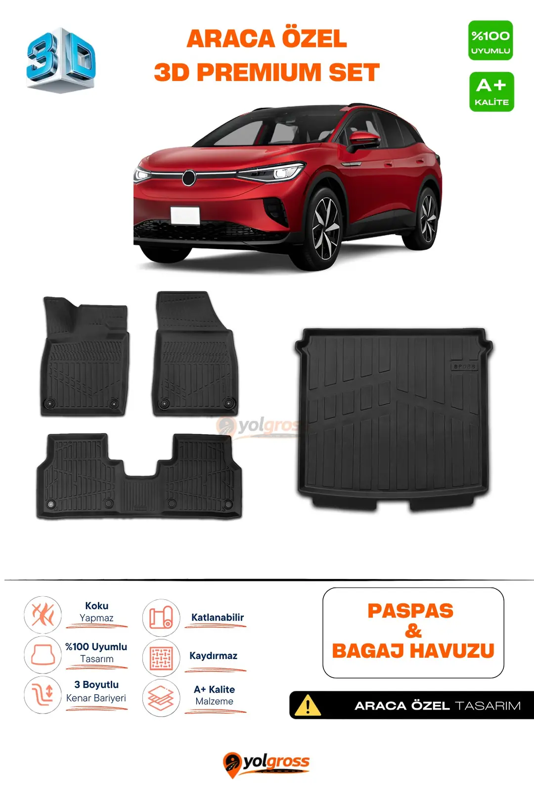 Ürün görseli: VW ID.4 3D Pro Paspas ve Bagaj Havuzu Seti (2'li SET) 2024 Üzeri A+ Kalite