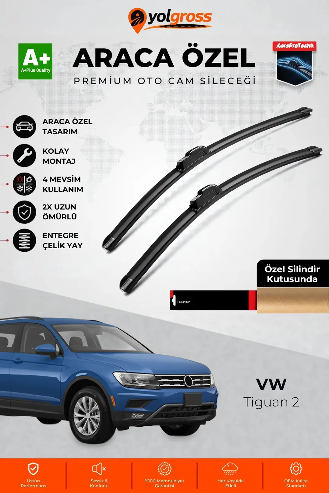 Ürün görseli: VW Tiguan 2 Ön Cam Silecek Seti 2016-2024 Premium Araca Özel 65-53 Cm A+ Kalite