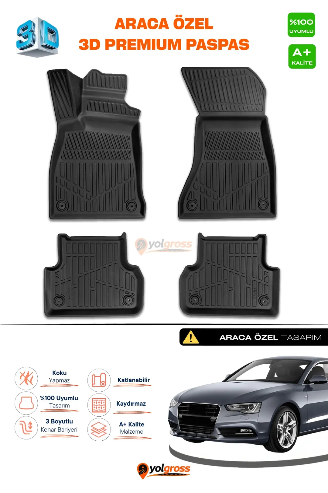 Ürün görseli: Audi A5 3D Pro Havuzlu Paspas 2016-2024 A+ Kalite