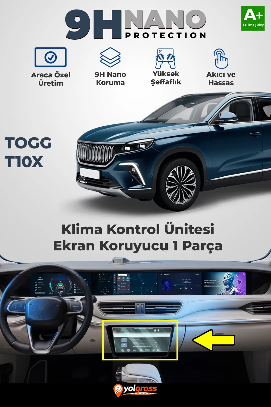 Ürün görseli: Togg T10X 9H Nano İç Merkezi Kontrol Ekran Koruyucu Parlak 2023 Üzeri A+ Kalite
